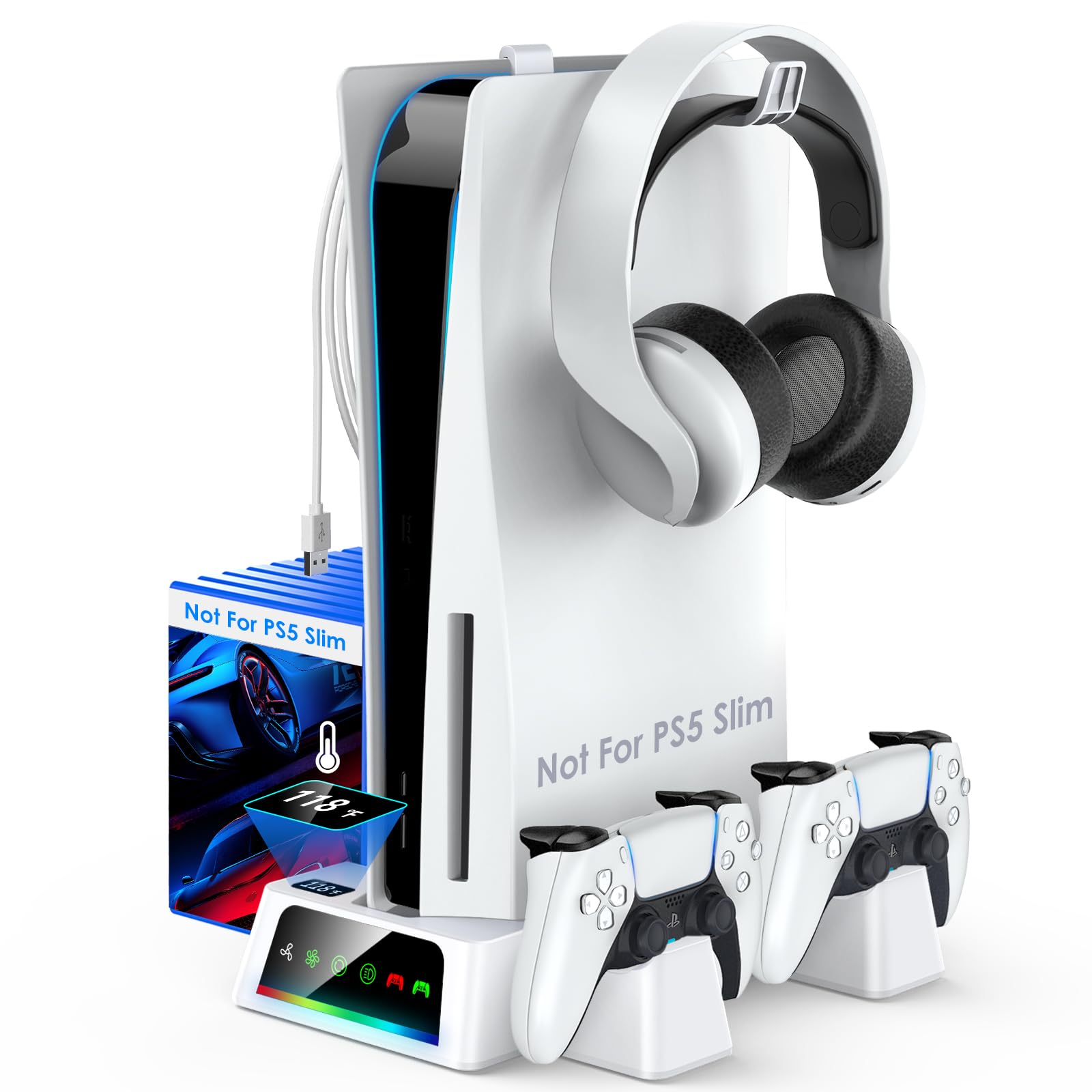 YOGES PS5 Stand with Cooling Fan & Dual Controller Charger - White | 2H Fast Charging Station with Temperature Sensor & 2 Headset Holders | Perfect for Gaming Setup & Console Protection