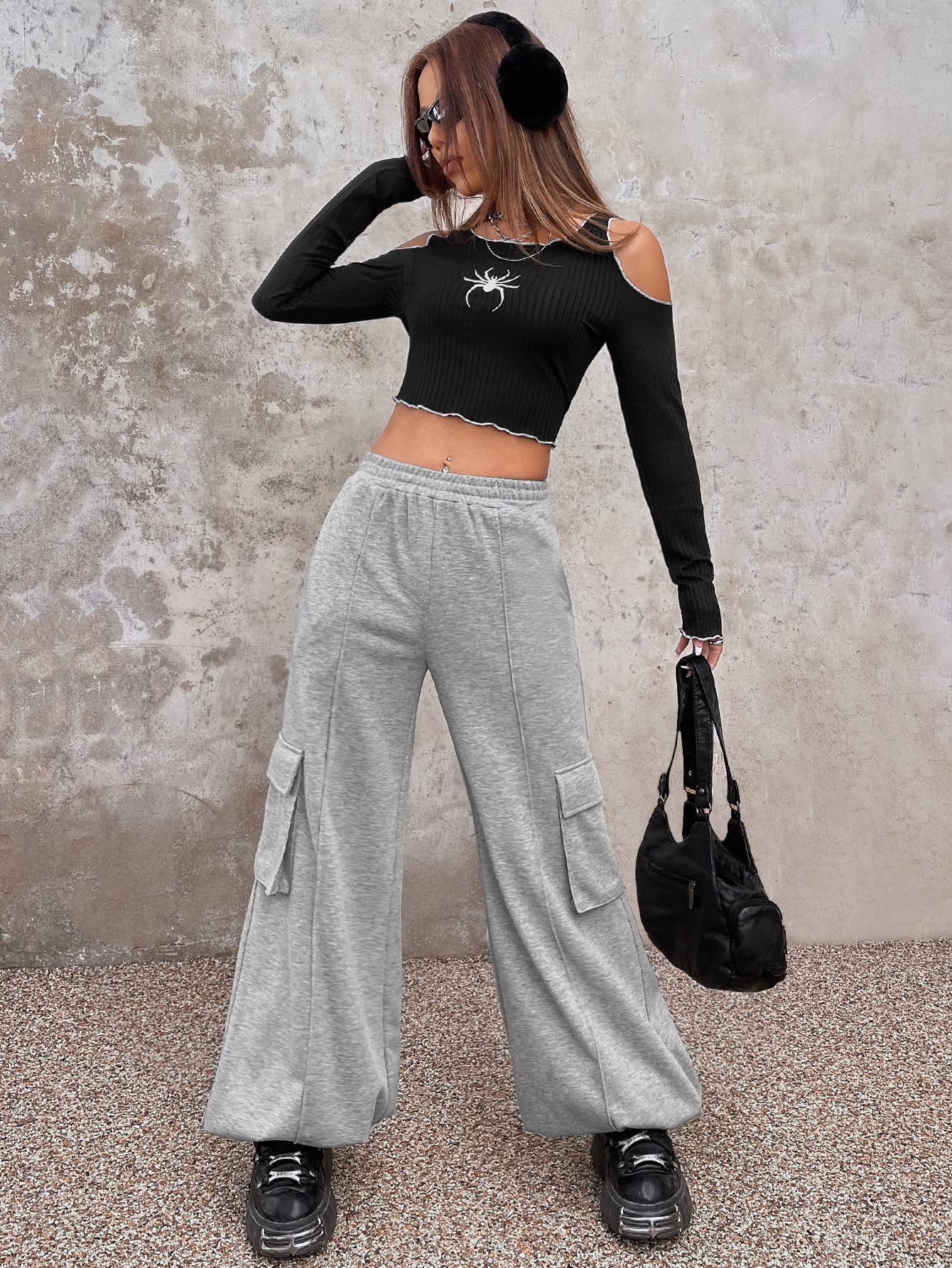 GORGLITTER Women's Y2K Graphic Cold Shoulder Long Sleeve Crop Top - Rib Knit Tee for Casual Wear, Parties & Night Out | Trendy Streetwear Fashion Top