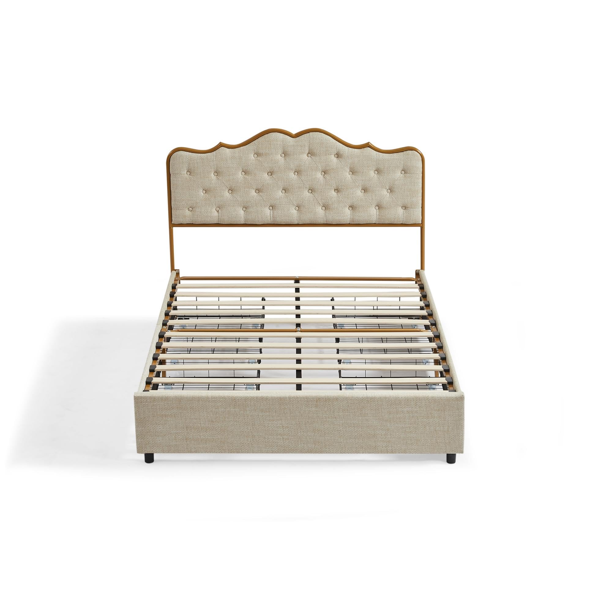 Dolonm Full Size Classic Buckle Platform Bed Frame with 4 Storage Drawers, Metal Frame & Wooden Slats Support - Beige & Yellow Leather Upholstered Headboard - Perfect for Small Bedrooms, Guest Rooms & Dormitories