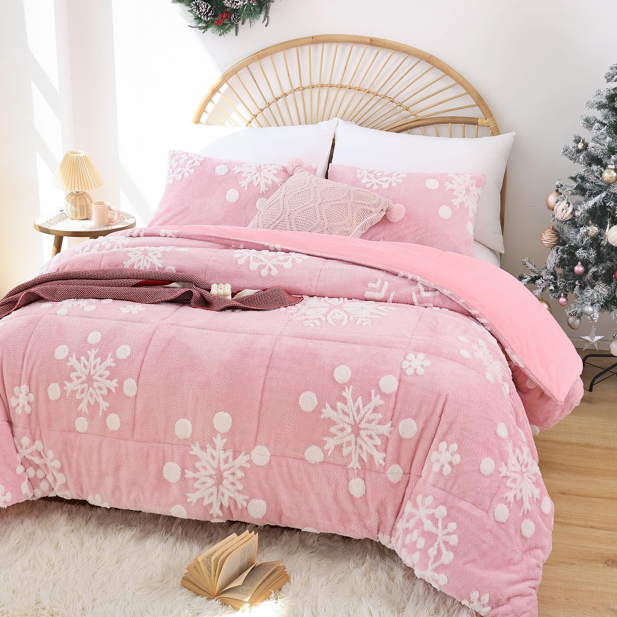 JANZAA Pink Velvet Christmas Comforter Set Queen Size - 3 Piece Soft Fluffy Bedding with 3D White Snowflake Design for Holiday Decor & Cozy Winter Nights
