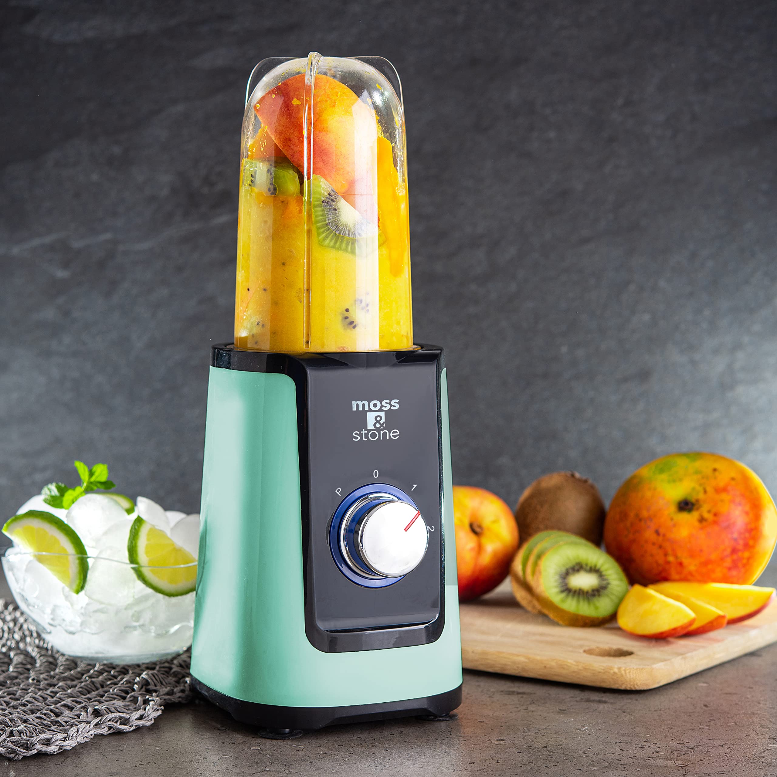 Premium Moss & Stone Smoothie Blender - Compact Personal Blender with 2 Travel Cups & Lids - Powerful Mini Blender for Frozen Drinks, Juices & Smoothies - Perfect for Home, Office & Gym Use