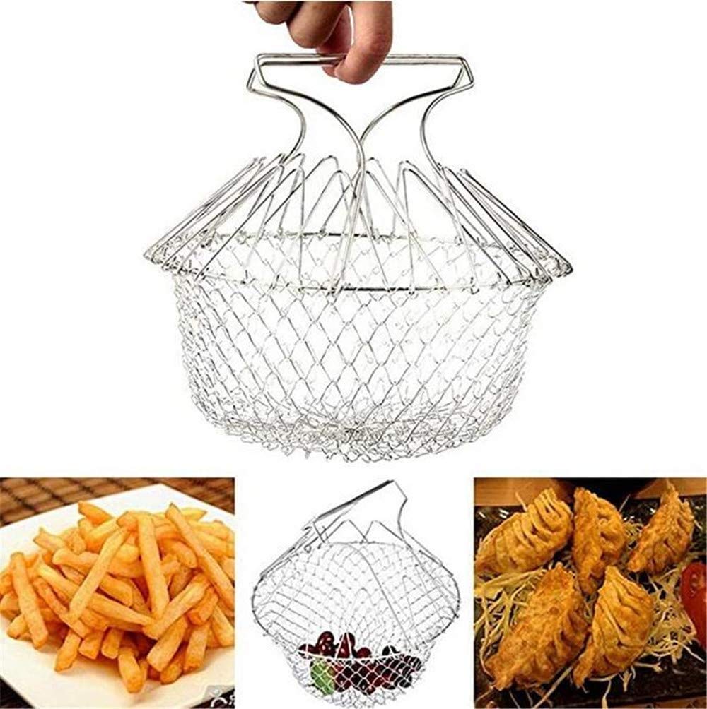 Stainless Steel Folding Fry Basket - Expandable Telescopic Cooking Basket for Deep Frying, Multi-Purpose Kitchen Strainer - Perfect for French Fries, Chicken Wings & Vegetables