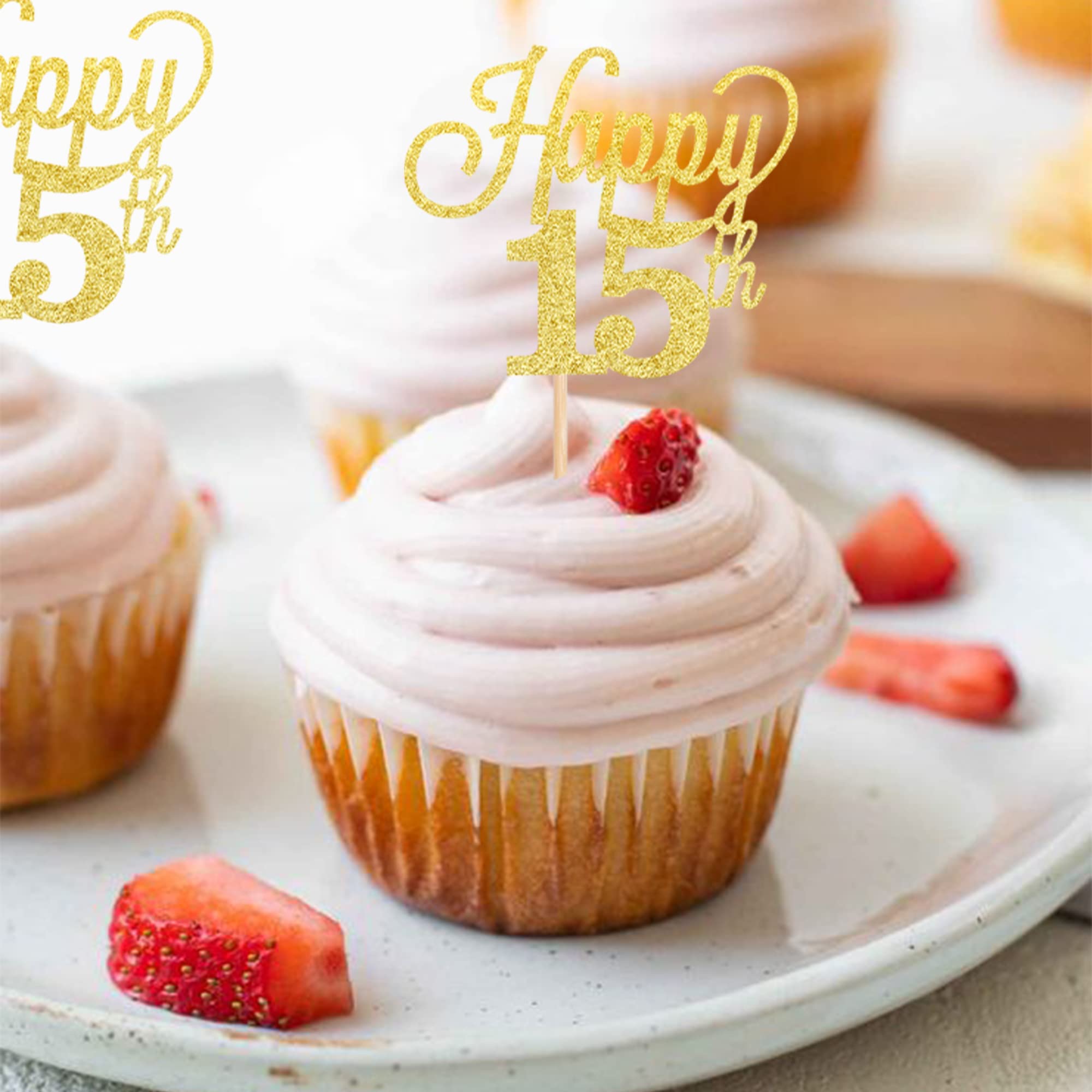 24 Pack Gold Glitter Number 15 Cupcake Toppers - Happy 15th Birthday Decorations, Fifteen Anniversary Party Supplies for Wedding, Sweet 16 & Quinceañera Celebrations