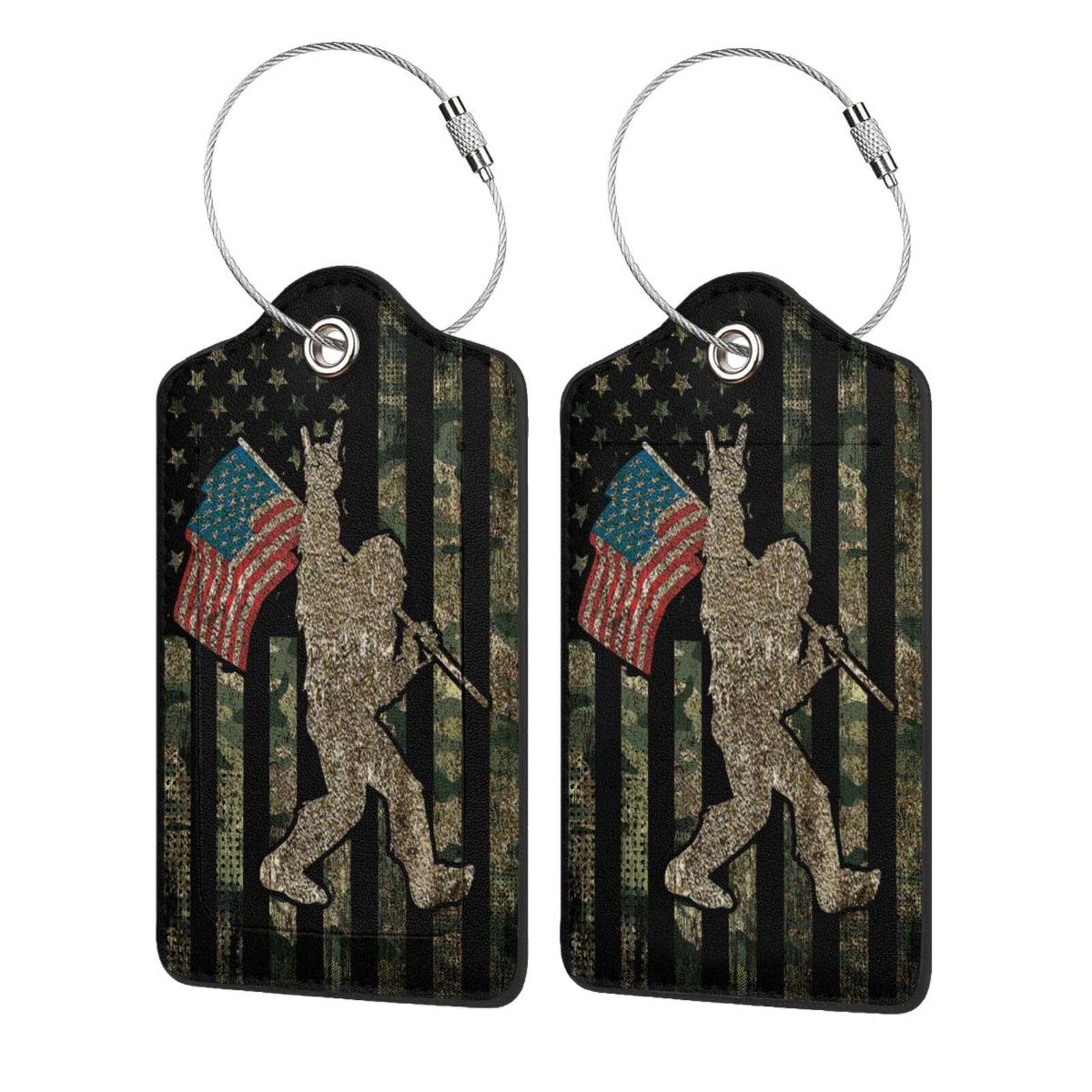 2 Pack Camo Hunting Bigfoot American Flag Printed Leather Luggage Tags - Stainless Steel Loop with Privacy Cover for Travel & Outdoor Adventures