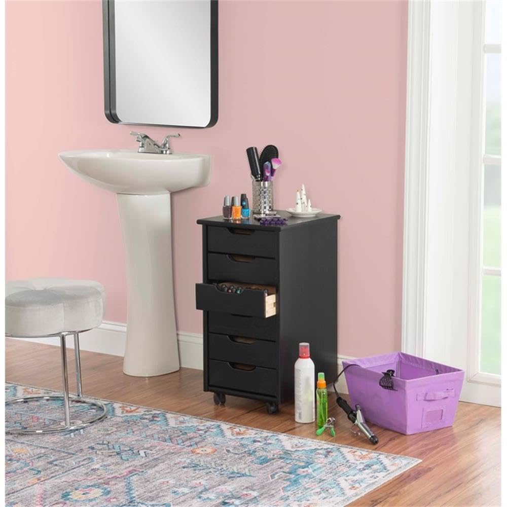 Mid Century Modern 6-Drawer Wood Dresser with Wheels - Black Rolling Storage Cabinet, Mobile Organizer Cart for Bedroom, Office, Living Room (15.35