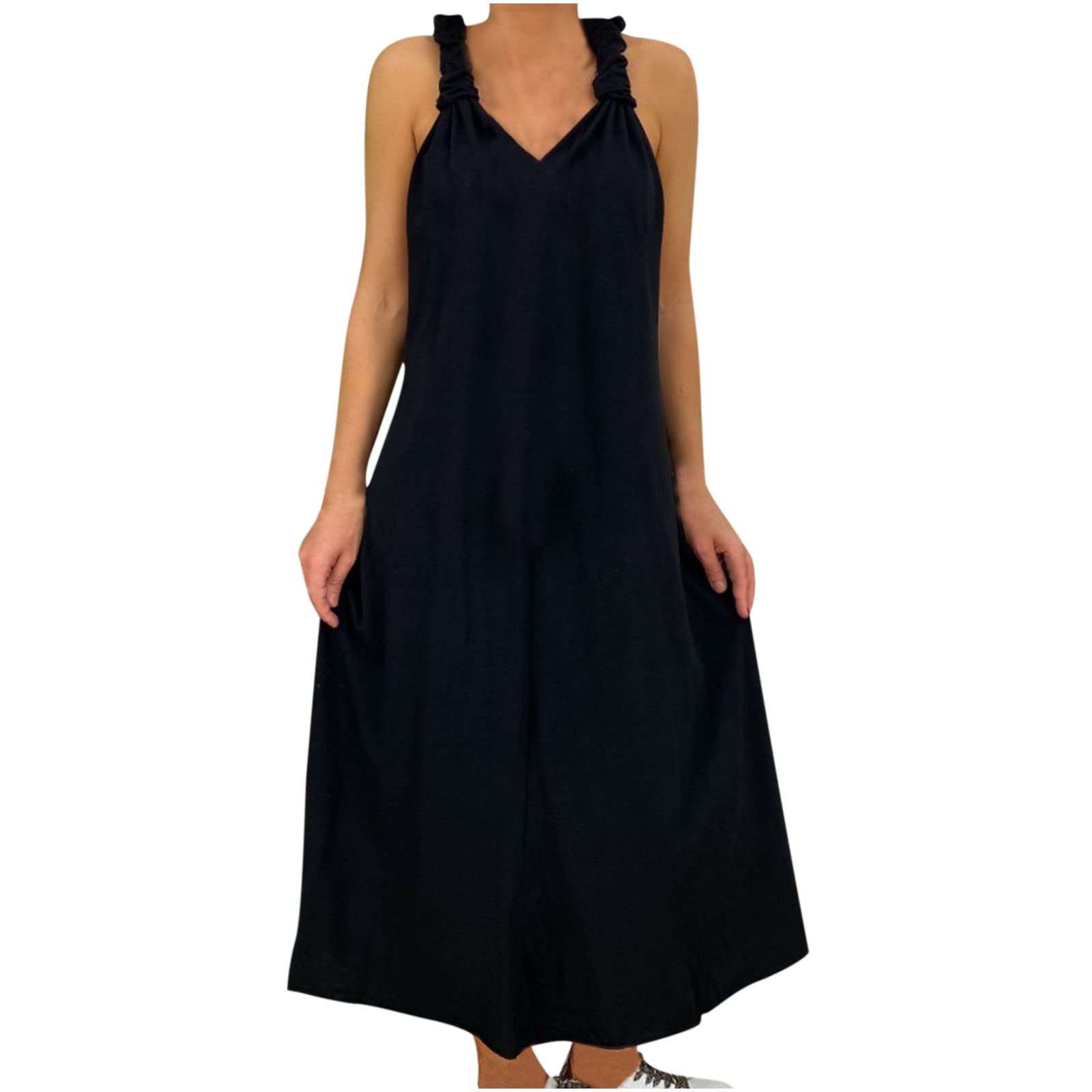 Women's Summer Long Lantern Sleeve V-Neck Shift Dress - Plain Pleated A-Line Casual Flowy Mini Dress in Black | Perfect for Beach Vacations, Date Nights & Summer Parties