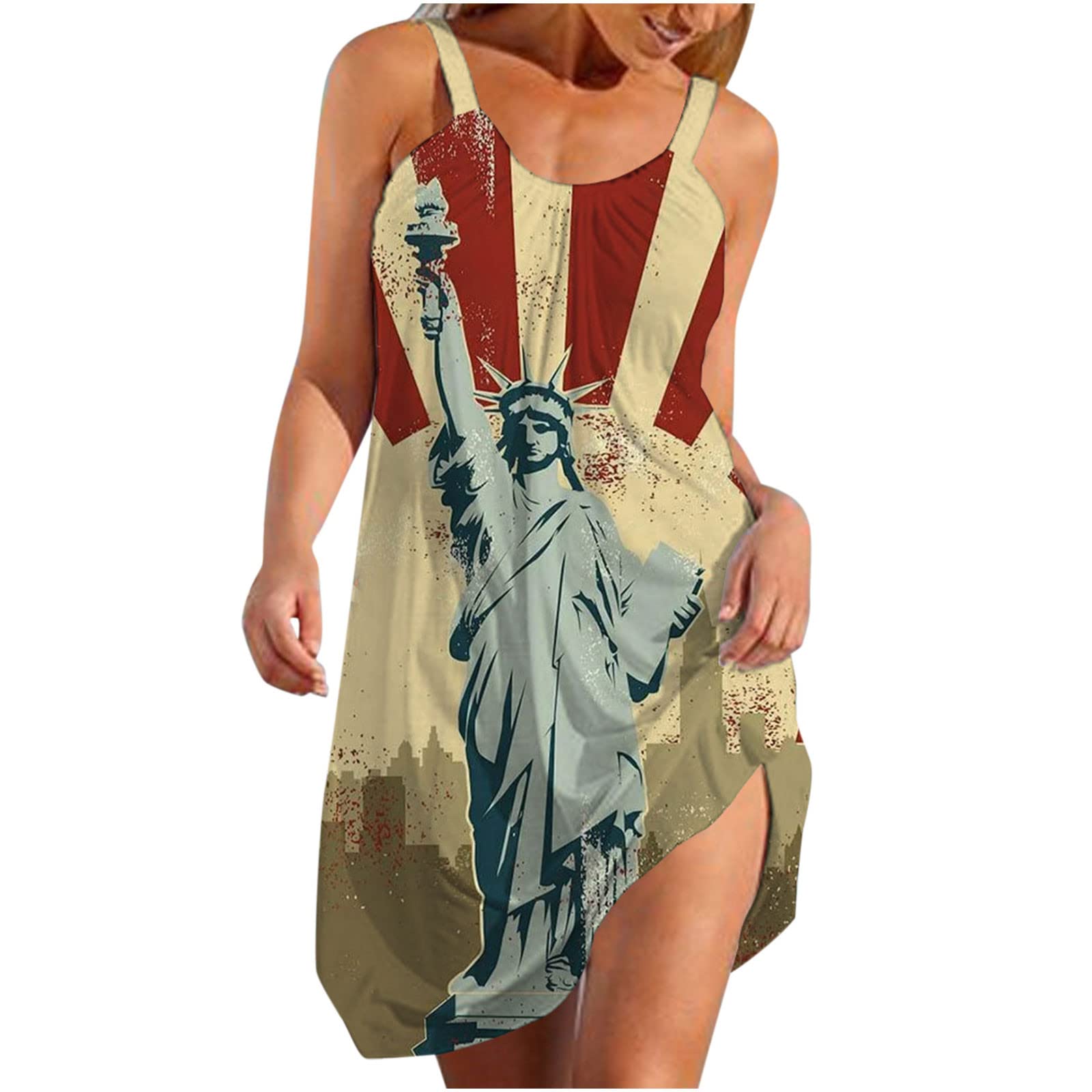 NaRHbrg Women's Casual Boho Sleeveless Summer Dress - Loose Fit American Flag Printed Mini Tank Dress for Beach, Vacation & Outdoor Activities