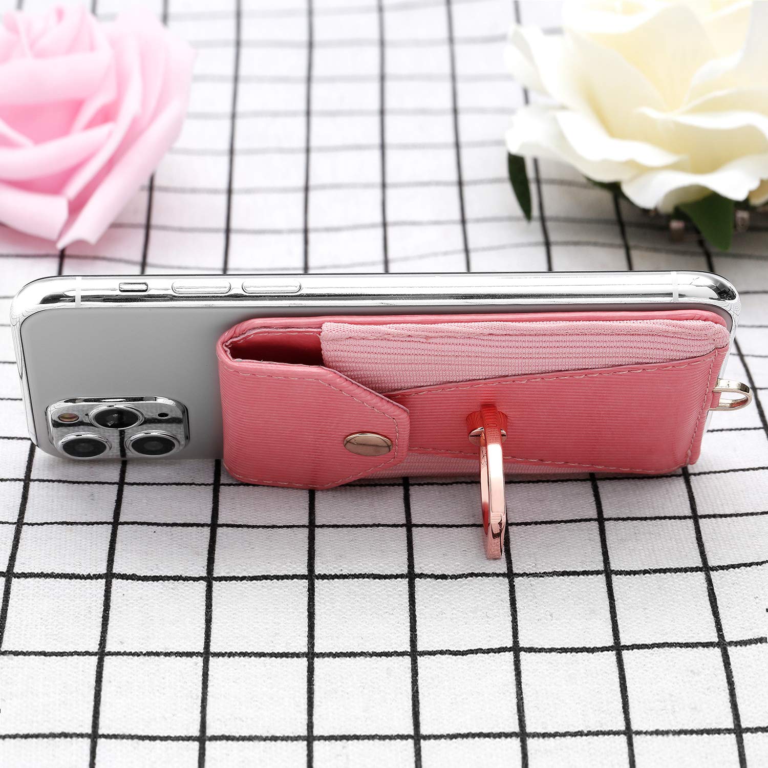 Pink Adhesive Stick-on Cell Phone Card Holder with Ring Grip Stand & Detachable Neck Strap - Wallet Pocket for Credit Cards, ID & Cash - Perfect for Hands-Free Shopping, Travel & Daily Commute
