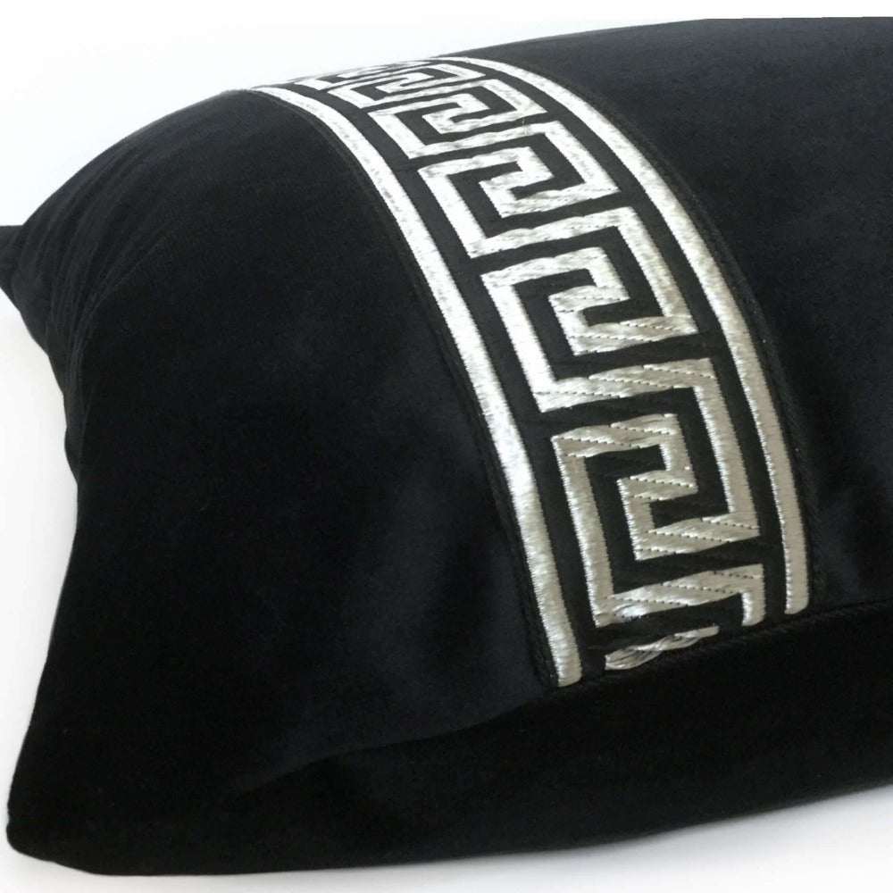 Luxury Black Velvet Pillow Cover with Metallic Silver Greek Key Trim - Elegant Home Decor for Sofa, Bed & Living Room