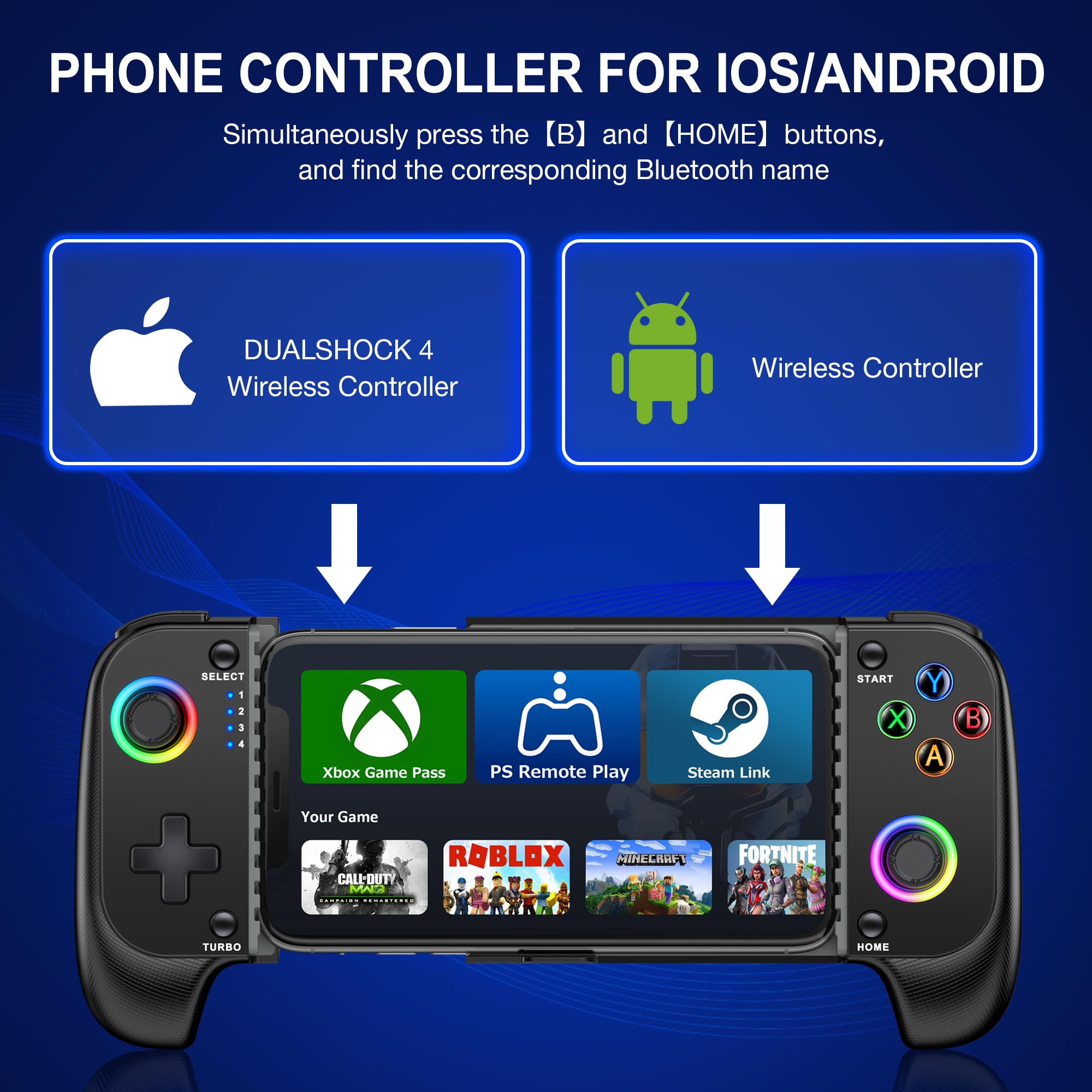 Wireless Mobile Game Controller for iPhone/Android - RGB Gaming Pad for Xbox/PS/Steam - Perfect for Minecraft & Mobile Gaming
