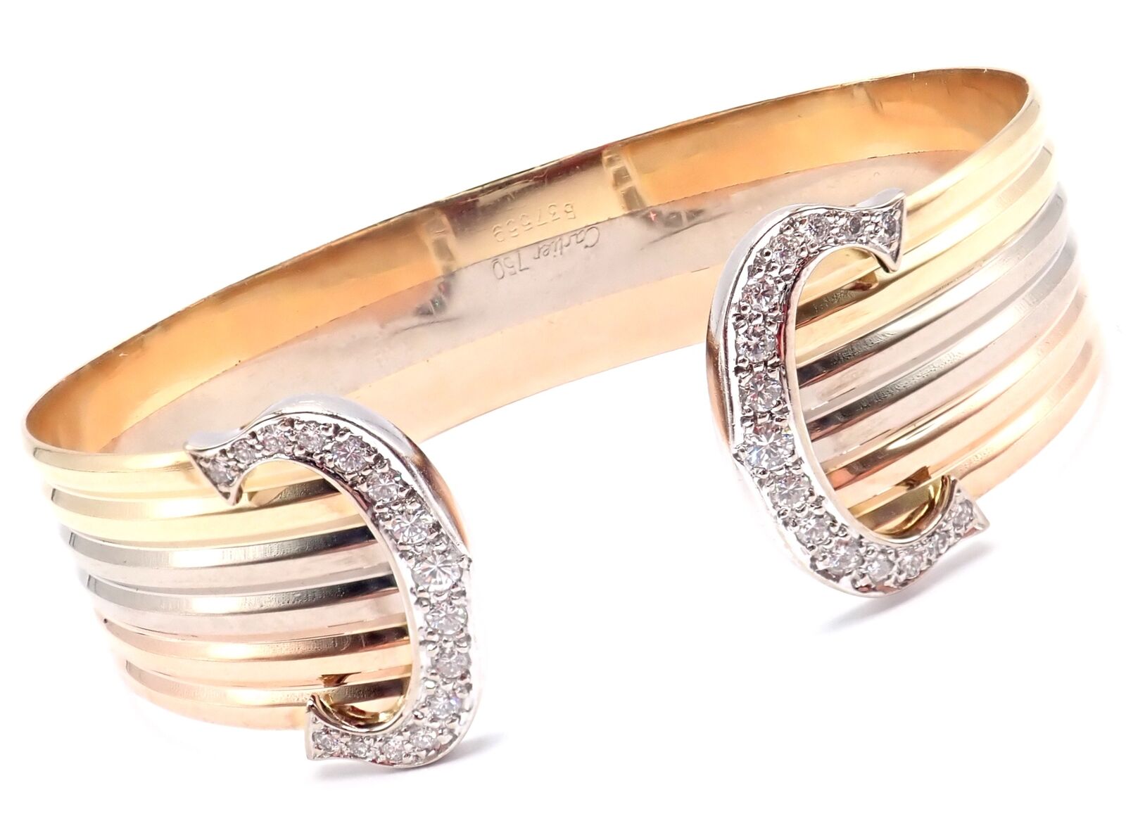 Authentic Cartier 18k Tri-Color Gold Diamond Double C Wide Cuff Bangle Bracelet - Luxury Jewelry for Women, Perfect for Weddings, Parties & Special Occasions