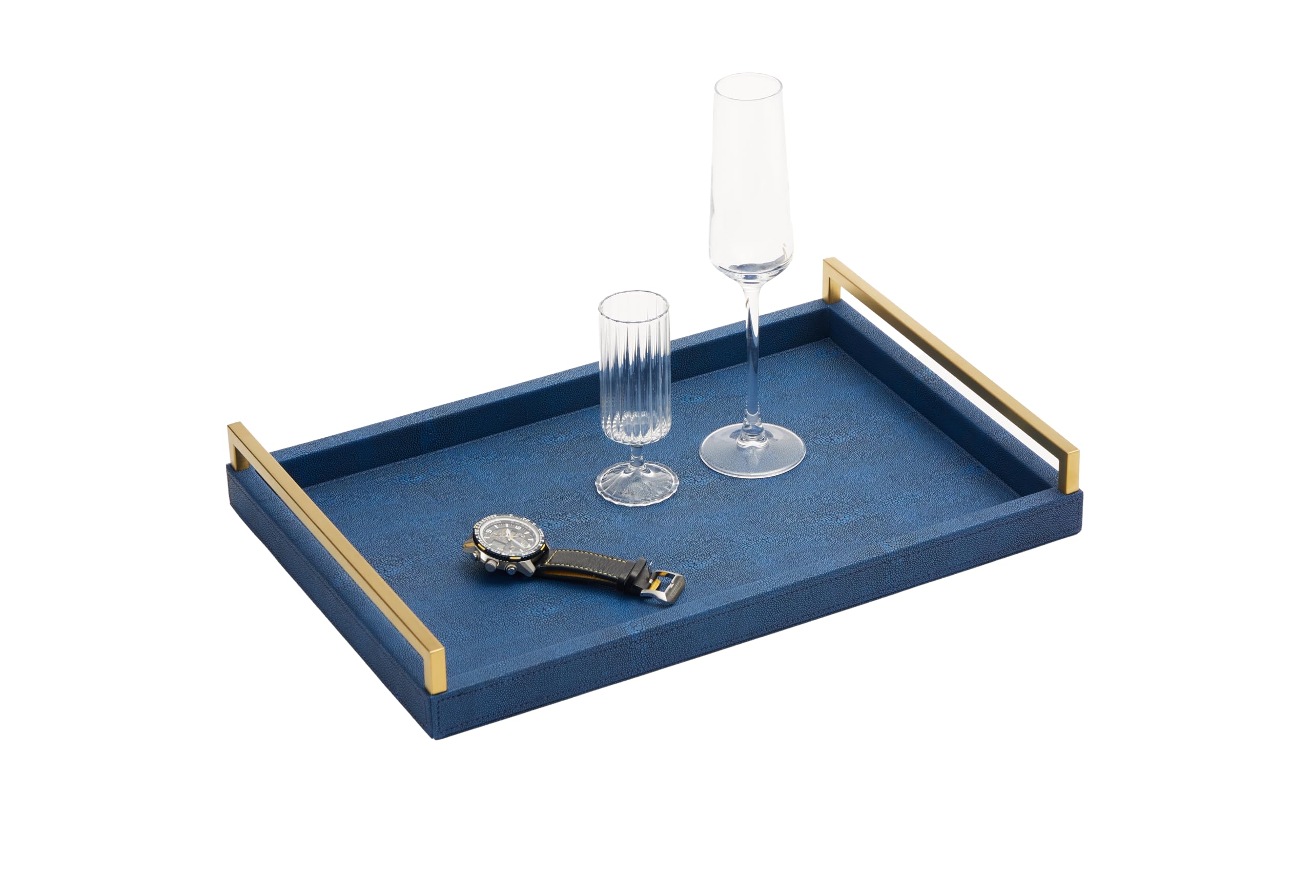Luxury Navy Blue Shagreen Leather Ottoman Tray with Gold Handles - Large Decorative Serving Tray for Coffee Table, Dining, Bar, Party & Kitchen Island - Perfect for Entertaining, Bathroom Vanity Decor & Home Organization (Blue)
