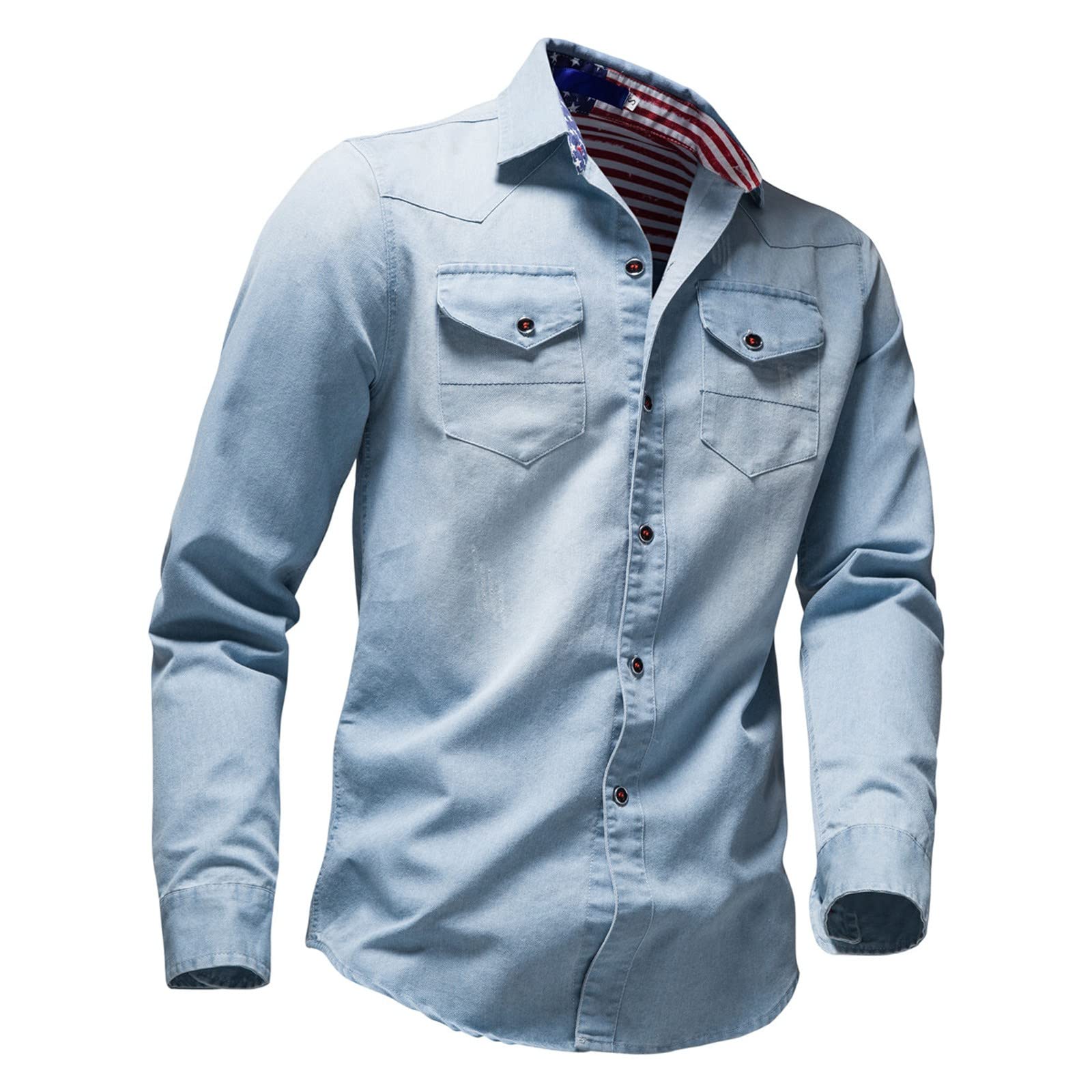 **Men's Plus Size Striped American Flag Washed Denim Long Sleeve Shirt – Vintage Style Casual Top for Streetwear & Patriotic Events**