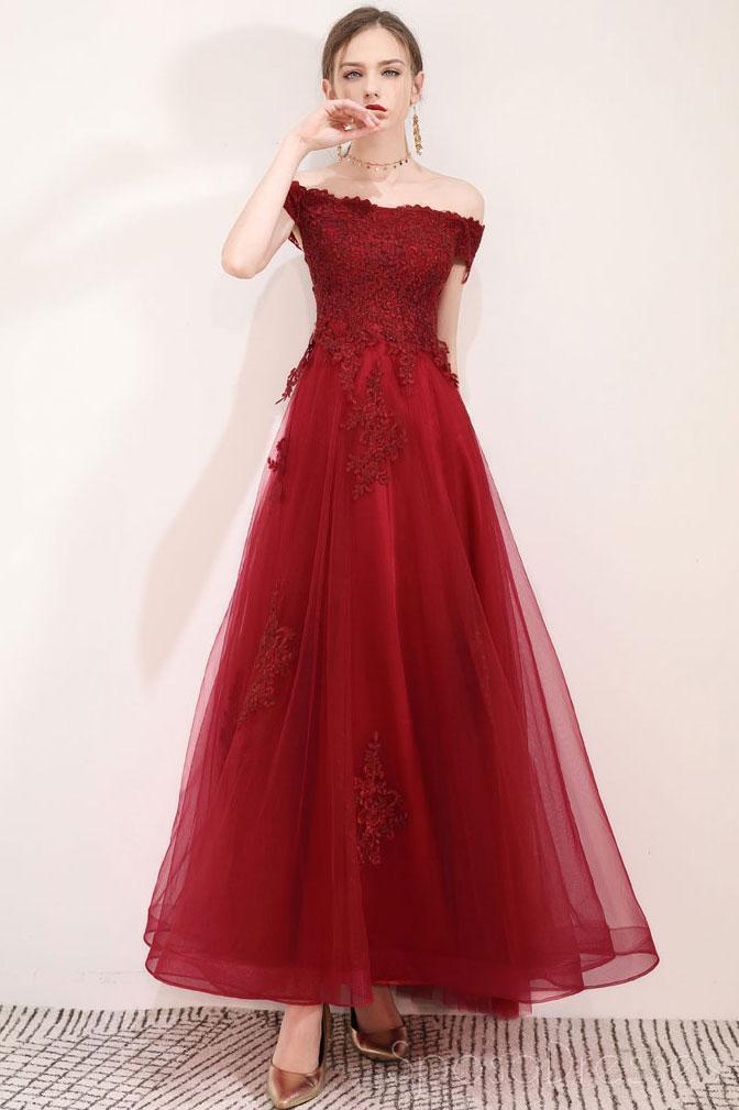 Elegant Off Shoulder Dark Red Lace Long Evening Prom Dress for Women | Custom Formal Gowns for Parties, Weddings & Special Occasions