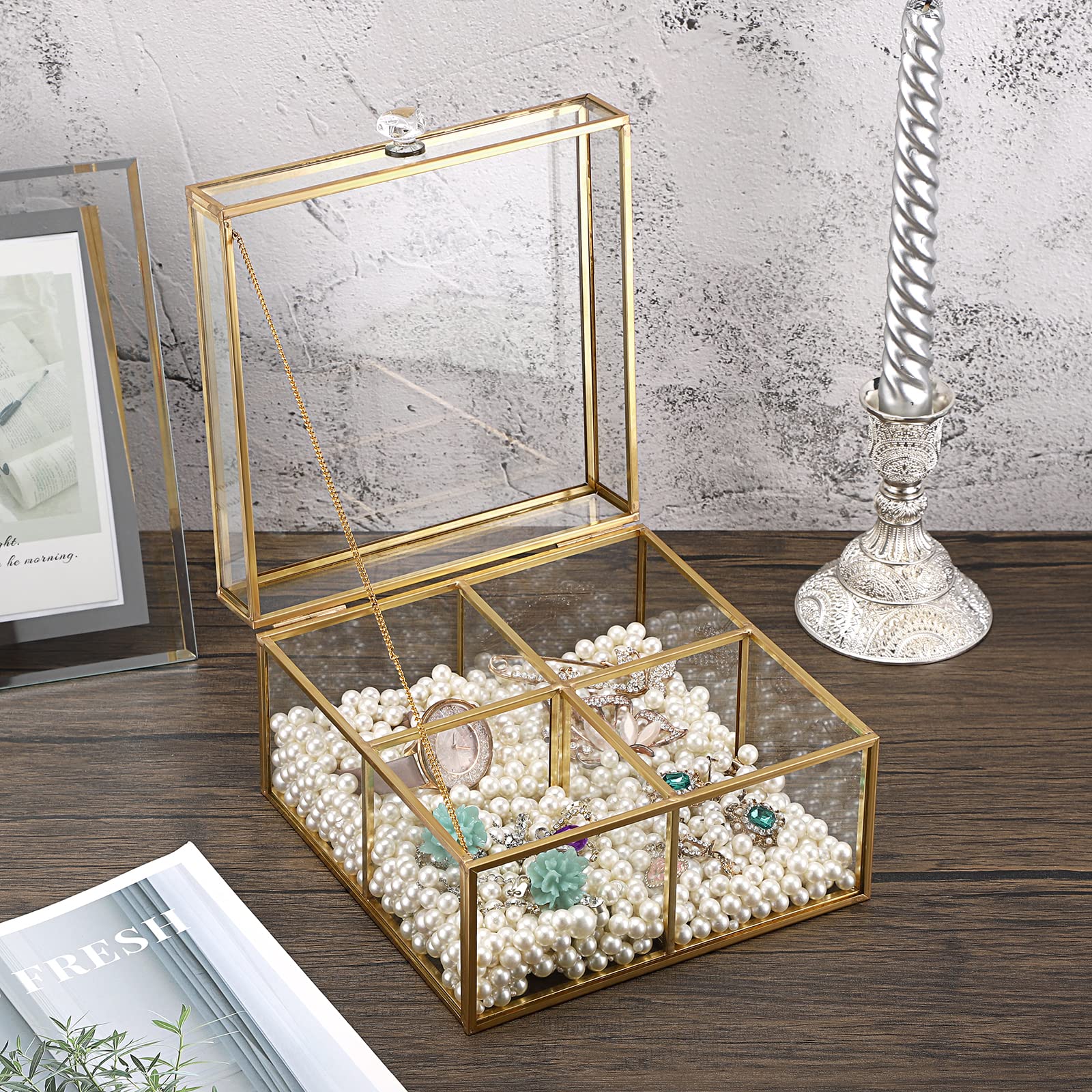 ELLDOO Gold Glass Tea Bags Storage Box with Lid - 4 Compartment Jewelry Organizer for Makeup Sponges, Sugar Packets, Rings & Earrings - Elegant Countertop Display for Bathroom Vanity or Dressing Table