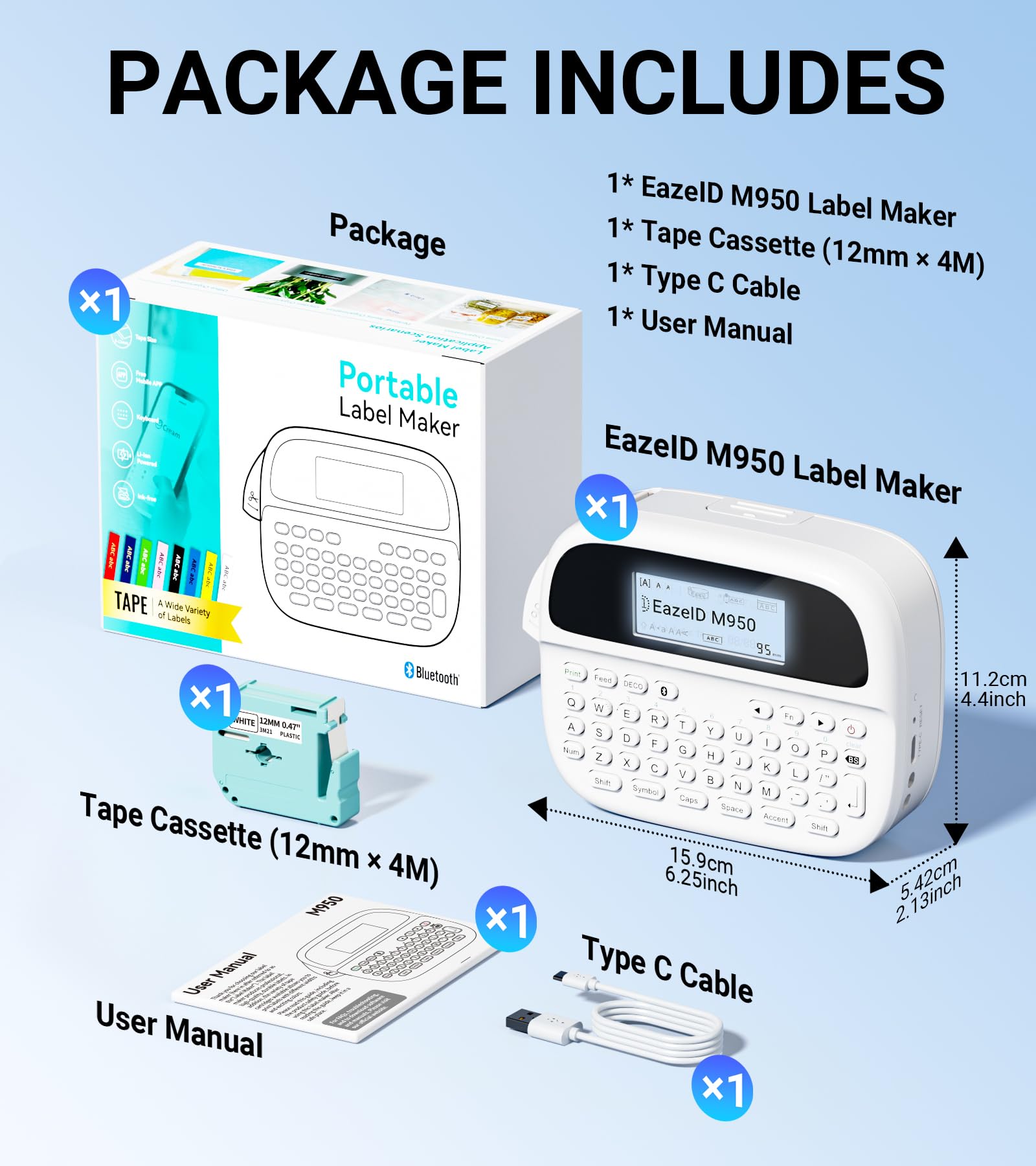 Rechargeable Bluetooth Label Maker M950 - Waterproof Label Printer with Keyboard & Backlit Screen | Portable Labeling Machine for Home, Office, School & Organization | DIY Crafts, Pantry, File & Storage Labels