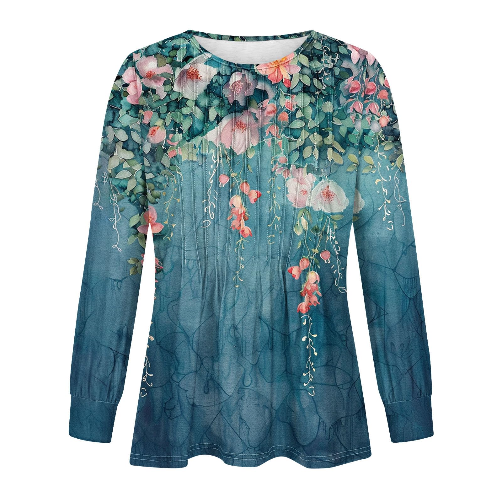 Women's Long Sleeve Floral Crew Neck Blouse - Elegant Casual & Travel Tops for Work, Date Night & Weekend Outings