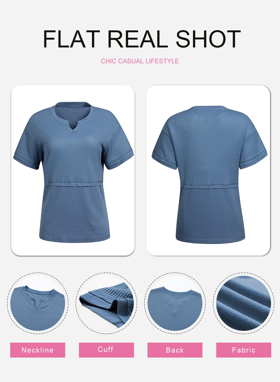 SHEWIN Women's Casual V-Neck Waffle Knit Short Sleeve T-Shirt - Loose Fit Blouse for Summer, Spring & Fall | Perfect for Work, Weekend Outfits & Layering