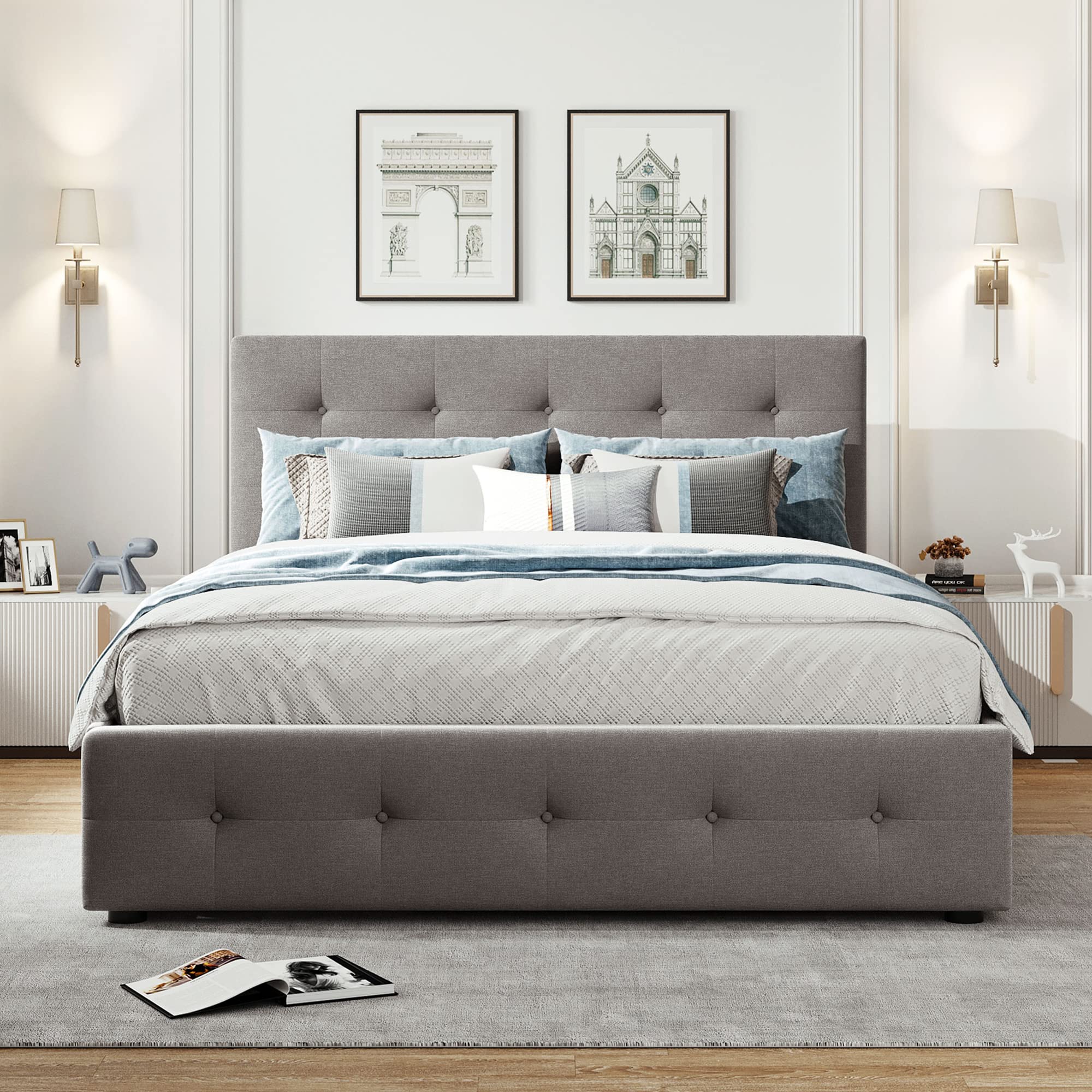 P PURLOVE Queen Size Upholstered Linen Platform Bed Frame with Tufted Headboard & 2 Storage Drawers - Twin XL Trundle Included, No Box Spring Needed, Light Gray - Perfect for Small Bedrooms, Guest Rooms & Modern Apartments