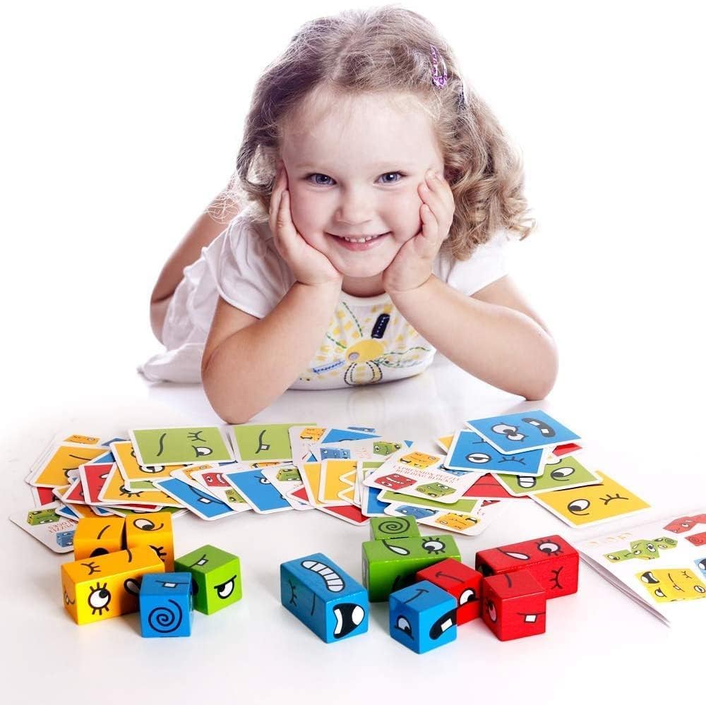 Wooden Face Cube Change Puzzle - 16 Face Blocks & 72 Playing Cards, Emoji Expressions Matching Game for Kids Ages 3+, Fun Educational Toy for Boys and Girls - Perfect for Family Game Night, Birthday Gifts, and Classroom Learning Activities