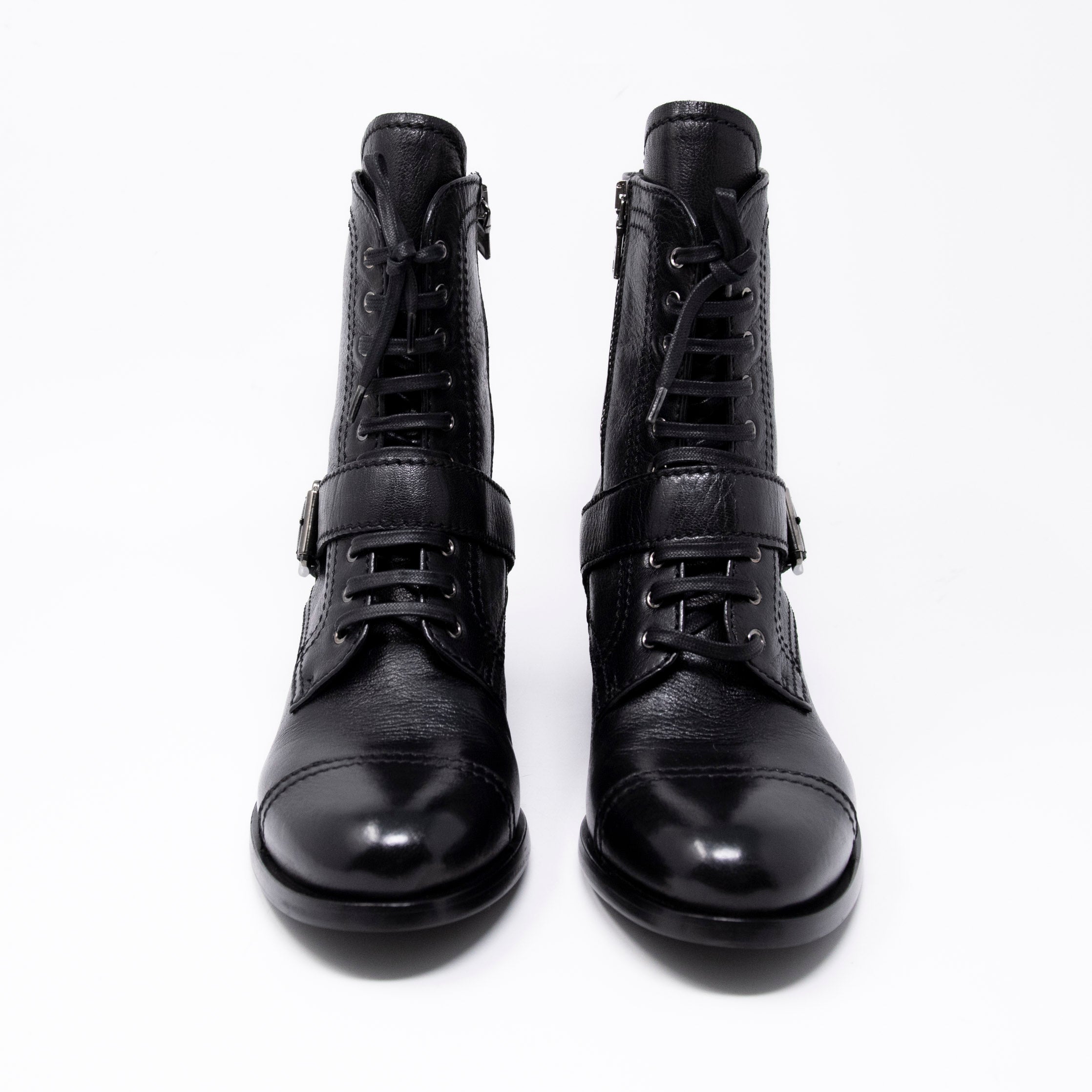 Prada Black Leather Combat Boots Women's Size 38.5 - Stylish Chunky Sole Ankle Boots for Fall Winter Fashion & Streetwear Outfits