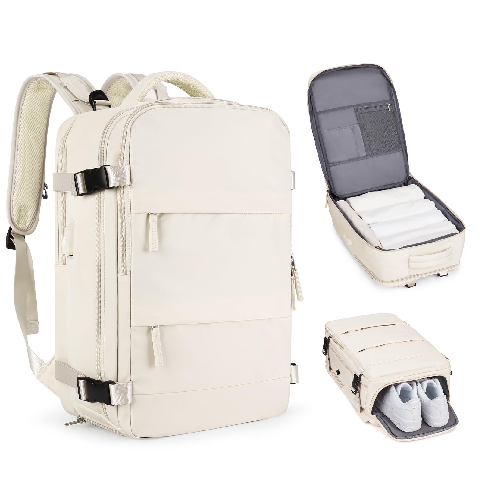 Coofay Beige Travel Backpack for Women & Men - Airline Approved Carry-On Personal Item, Waterproof Weekender Bag for Airplane Travel | Perfect for Business Trips, Weekend Getaways & Commuting