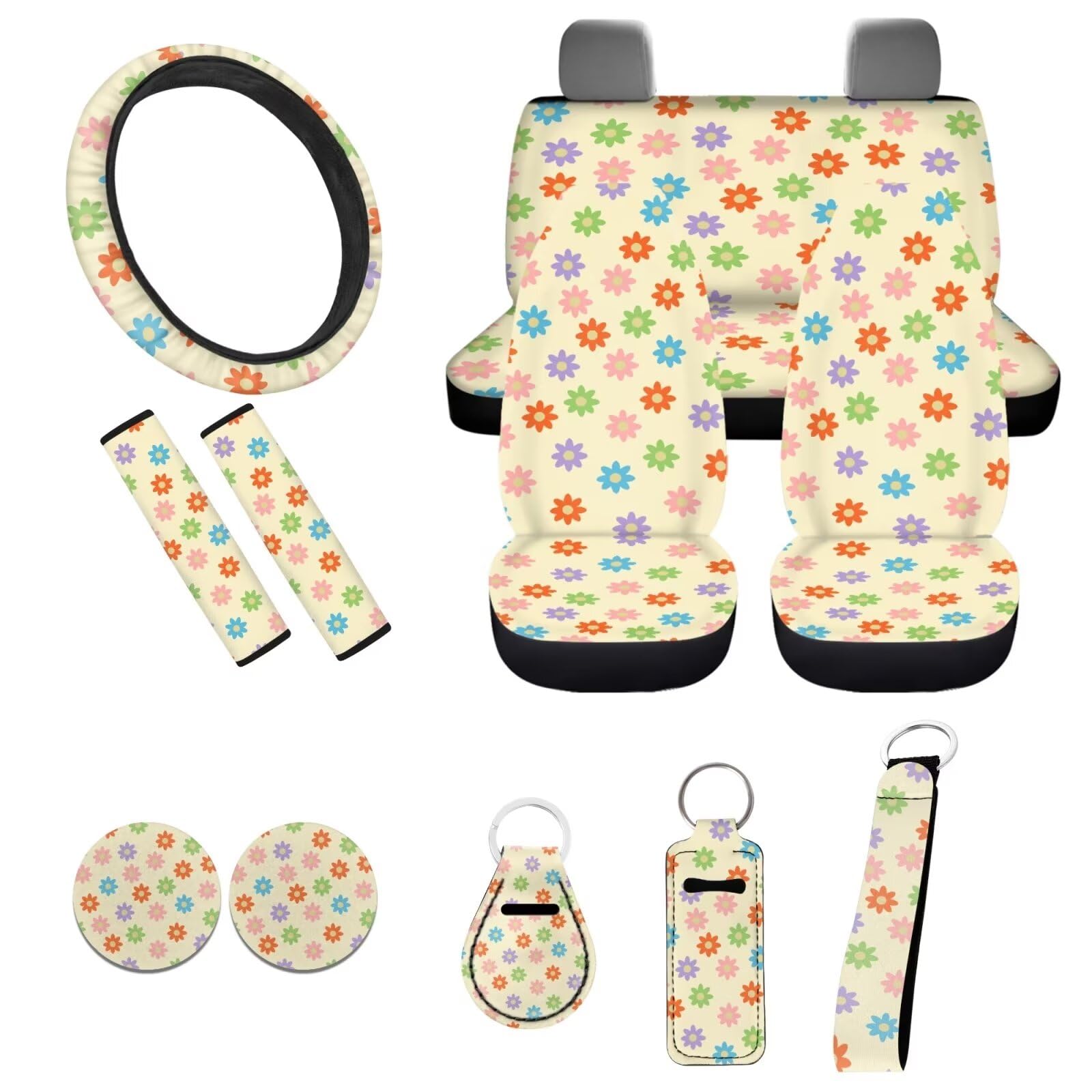 Boho Flower Car Seat Covers Full Set - Aesthetic Car Accessories for Women, Rainbow Groovy Steering Wheel Cover + Seatbelt Cover + Hippie Cup Mat + Keychain | Perfect for Hippie Style, Vintage Cars & Boho Interior Decor