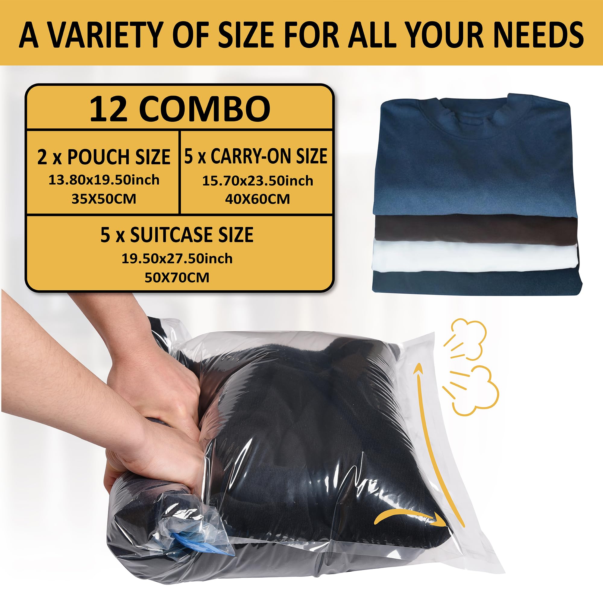 12 Pack Space Saver Compression Bags for Travel - No Vacuum Needed - Cruise & Vacation Packing Essentials | Perfect for Organizing Luggage, Clothes Storage & Maximizing Suitcase Space