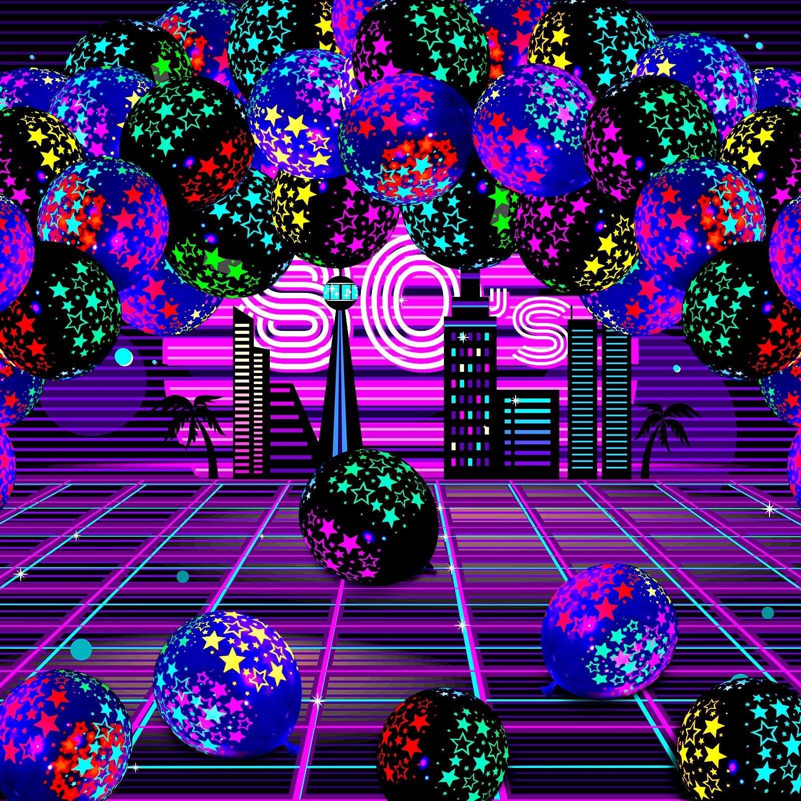 50 Pack Neon Glow Balloons & Stars - Fluorescent Blacklight Party Decorations for Birthday, Wedding, Arch Backdrop (Black & Clear) - Perfect for UV Parties, Raves, and Nighttime Celebrations