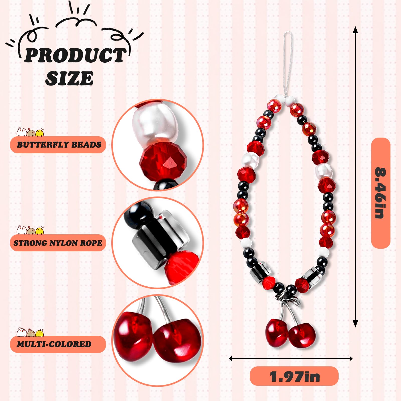 Cherry Phone Charms Strap - Cute Cell Phone Lanyard Wrist Strap, Phone Keychain Charm Kit, Aesthetic Accessories for Phone, Bag, AirPods, Camera Pendant - Perfect for Everyday Use, Travel, and Gifting