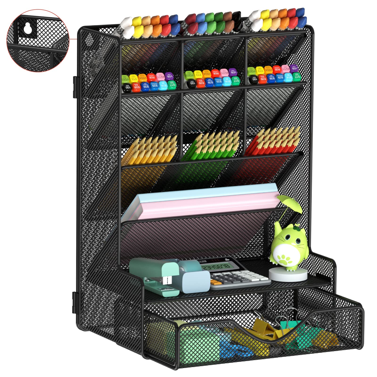 Multi-Functional Desk Pen Organizer with Drawer - Wall Mount Pencil Holder for School, Office & Home - Perfect for Art Supplies, Stationery & Craft Storage (Black) | Ideal for Workspace Organization & Creative Projects