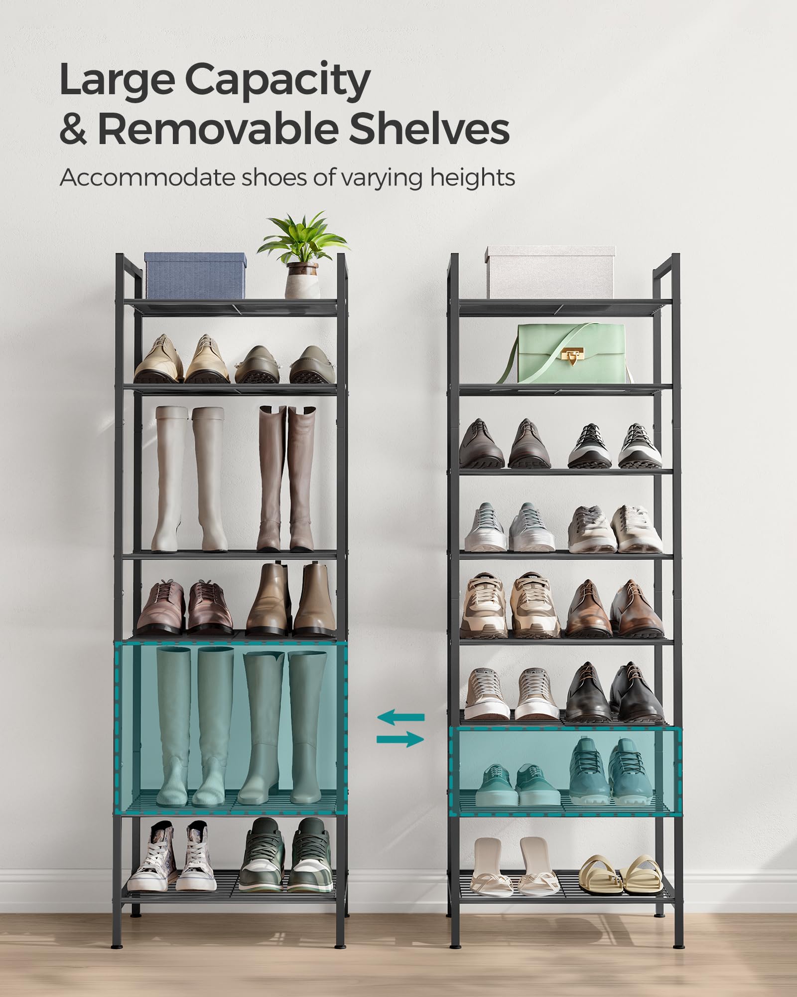 SONGMICS 8-Tier Narrow Shoe Rack - Slim Vertical Metal Shoe Storage Organizer for Small Spaces | Holds 18 Pairs of Shoes | Sturdy Shoe Shelf for Closet, Entryway & Bedroom | Easy Assembly, Black | Perfect for Apartments, Dorms & Tight Spaces
