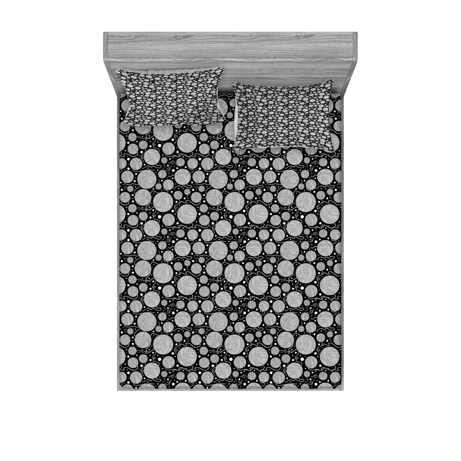 Ambesonne 2-Pack Queen Size Fitted Sheet & Pillow Sham Set - Black and White Boho Yarn Ball Pattern - 4 Piece Bedding Set (2 Fitted Sheets + 4 Pillow Covers) - Soft Wrinkle-Resistant Fabric - Perfect for Guest Rooms, Dorms & Bohemian Bedroom Decor