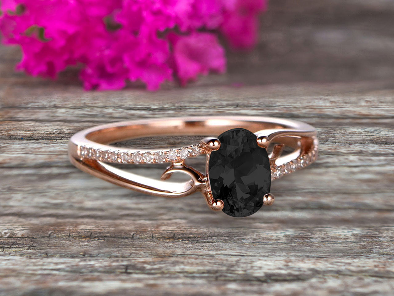 1.25 Carat Oval Cut Black Diamond Moissanite Engagement Ring & Wedding Band Set in 10k Rose Gold with Shining Split Shank - Perfect for Proposals, Anniversaries & Romantic Occasions