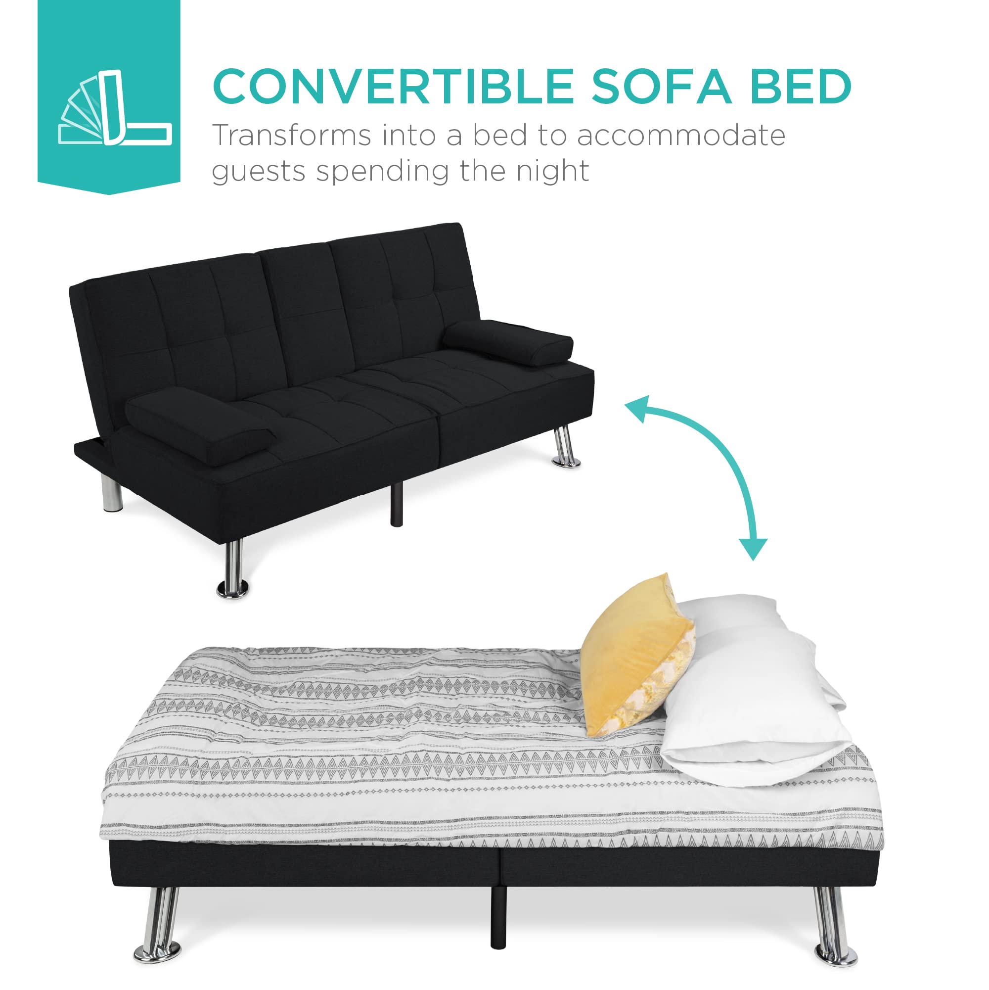Best Choice Products Modern Folding Futon Sofa Bed - Convertible Linen Recliner for Small Spaces, Apartments & Dorms with Removable Armrests & 2 Cup Holders - Black | Space-Saving Sleeper Solution for Living Rooms, Guest Rooms & Studio Apartments