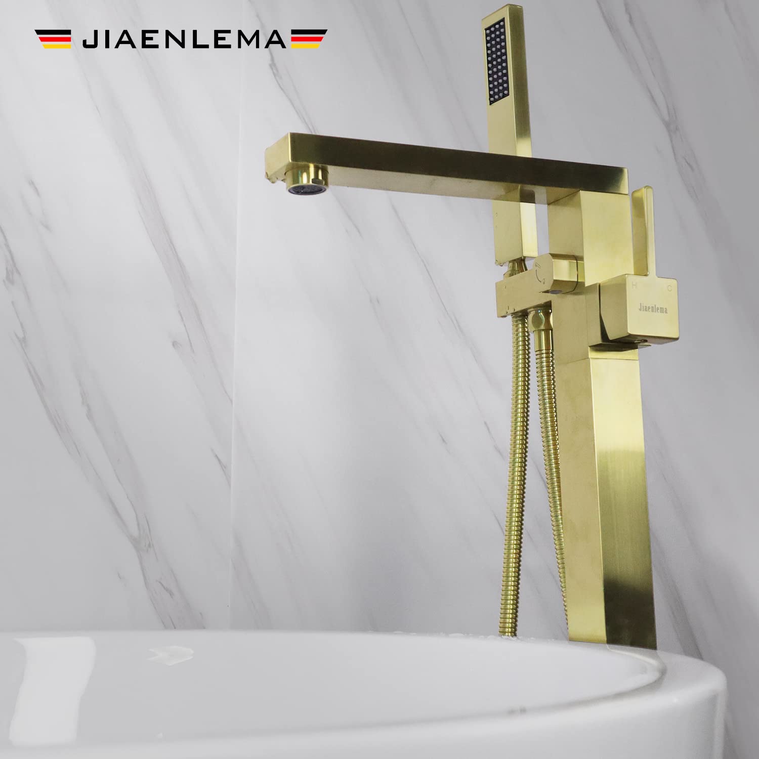 Freestanding Bathtub Faucet - Brushed Gold Floor Mount Tub Filler with Handheld Shower & Hand Sprayer - Single Handle Brass High Flow Mixer Tap for Bathroom - Perfect for Luxury Spa Experience & Modern Home Decor