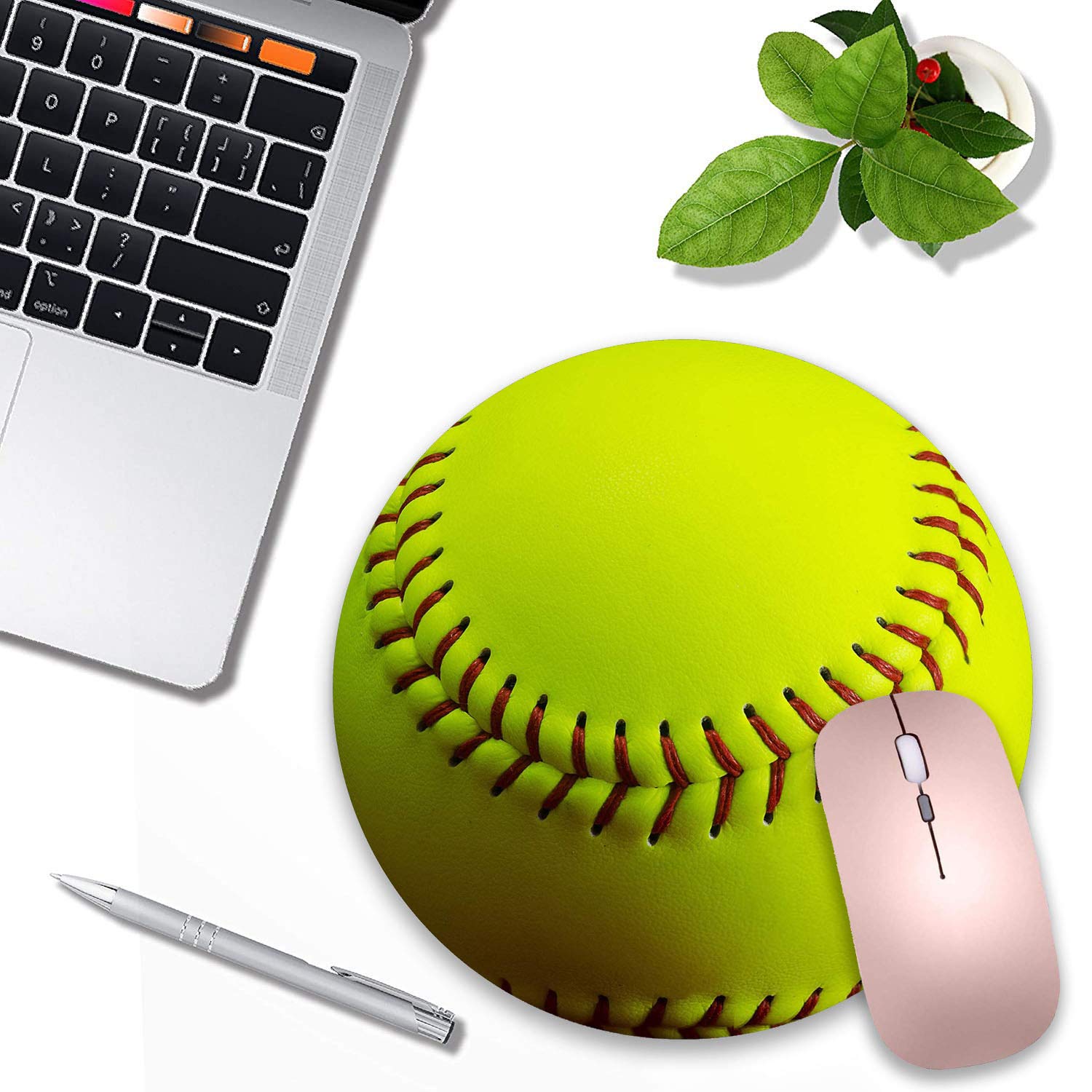 LACOMA Round Mouse Pad and Coasters Set - Softball Design Non-Slip Rubber Base for Laptop & Computer - Cute Desk Accessories for Office, Gaming & Home Workspace