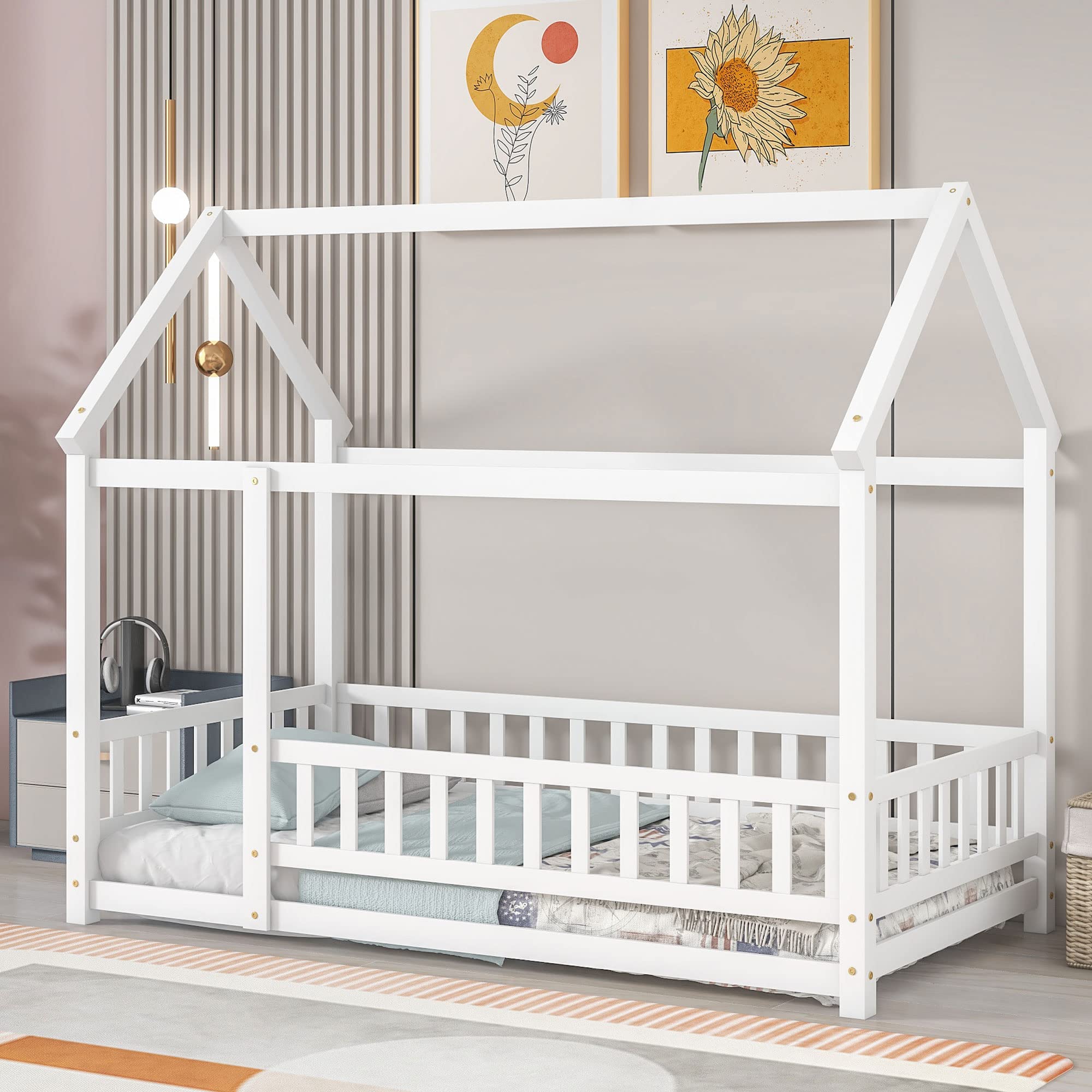 Montessori Twin Floor Bed Frame with Safety Fence - Solid Wood House Bed for Kids & Toddlers - White Nursery Furniture for Boys & Girls Bedroom - Perfect for Montessori Education & Safe Sleep Space