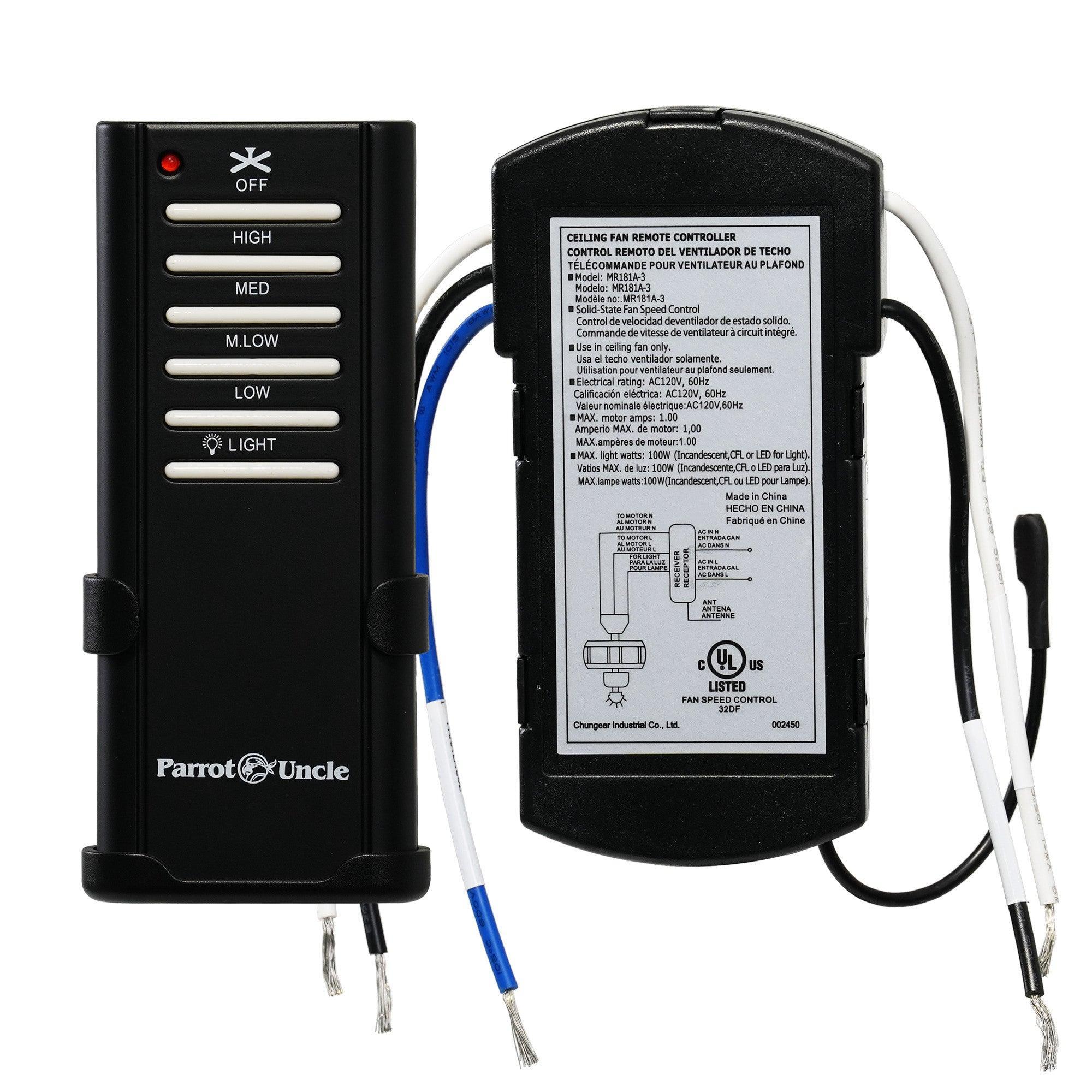 Parrot Uncle Ceiling Fan Remote Control Kit with Receiver & Wall Holder - GA009 - Perfect for Bedroom, Living Room, and Outdoor Patio Fan Replacement
