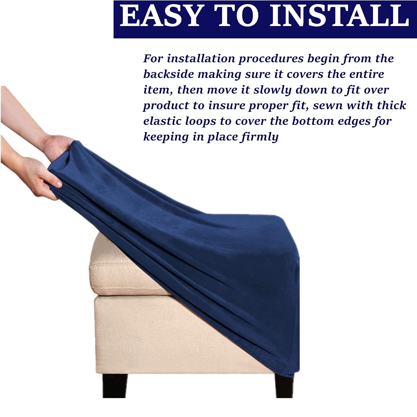 Stretch Velvet Ottoman Slipcover - Square Footstool Cover with Elastic Bottom for Folding Storage Ottoman, Navy Blue - Perfect for Living Room, Bedroom & Home Decor