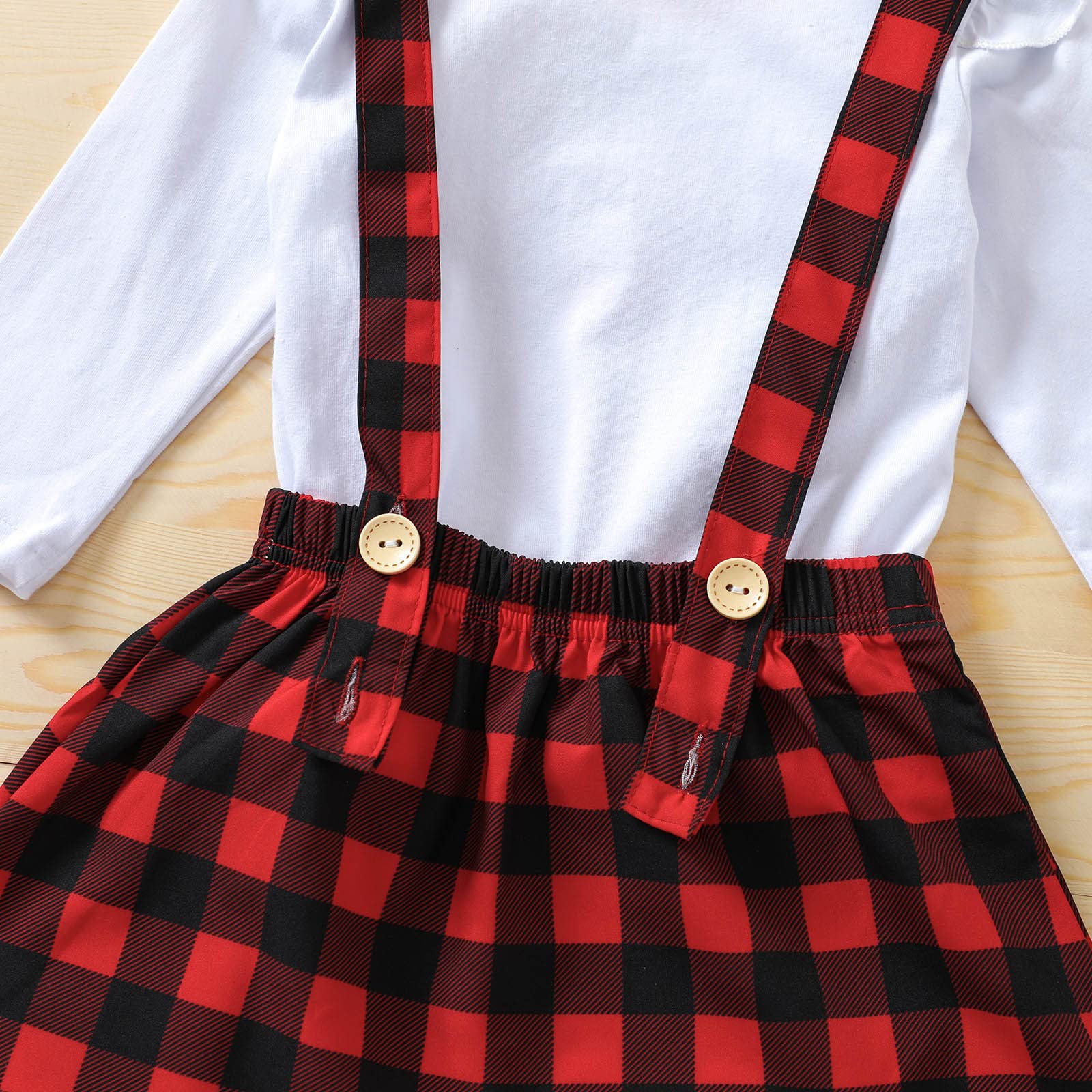 Girls Christmas Outfits Set - Long Sleeve Deer Printed Top with Plaid Dot Cartoon Suspender Skirt & Headband | Holiday Party, Family Photos, School Celebration