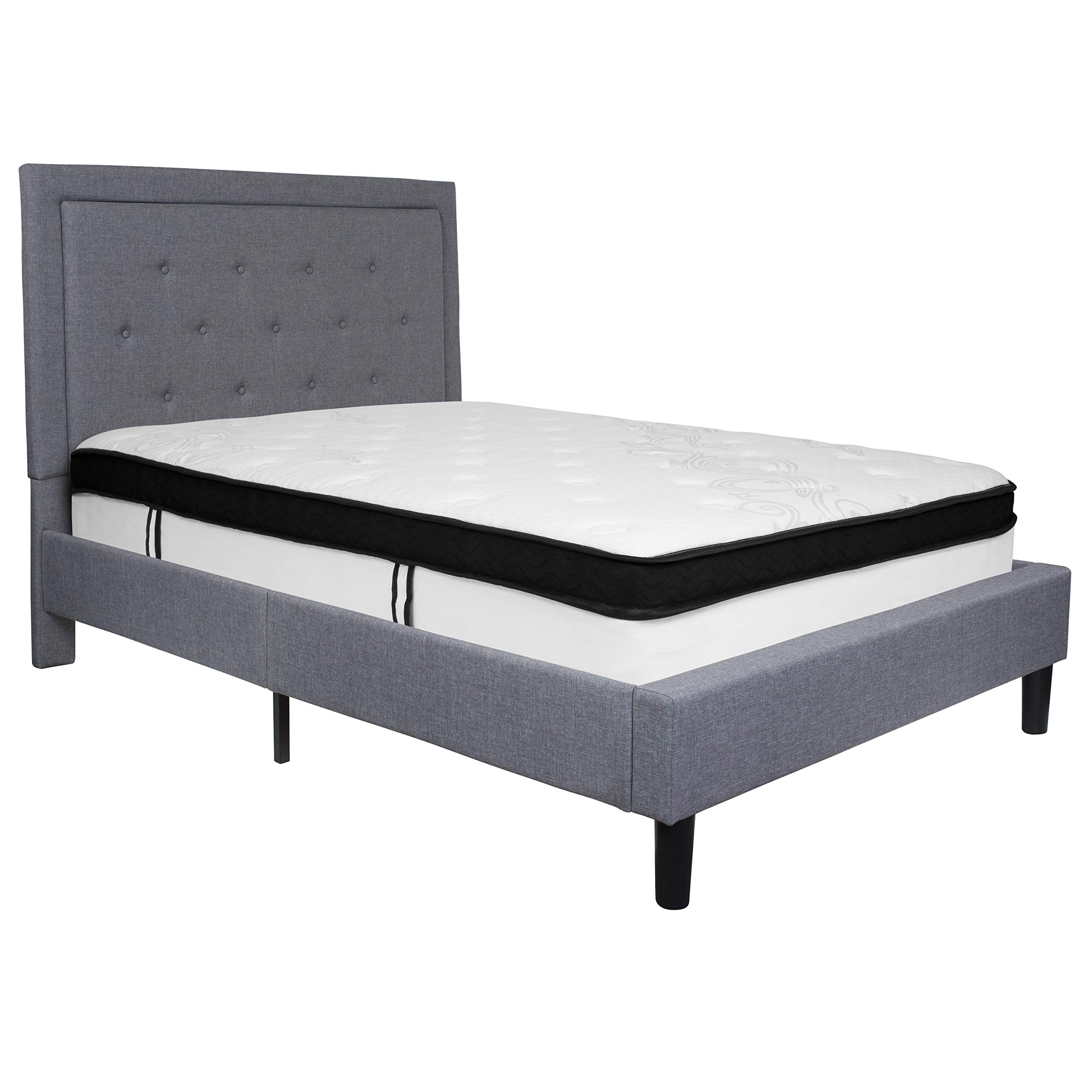 Emma & Oliver Full Panel Tufted Platform Bed with Memory Foam Mattress - Light Gray Fabric Upholstered Bed Frame for Modern Bedroom | Queen Size Bed with Storage Space & Comfortable Support