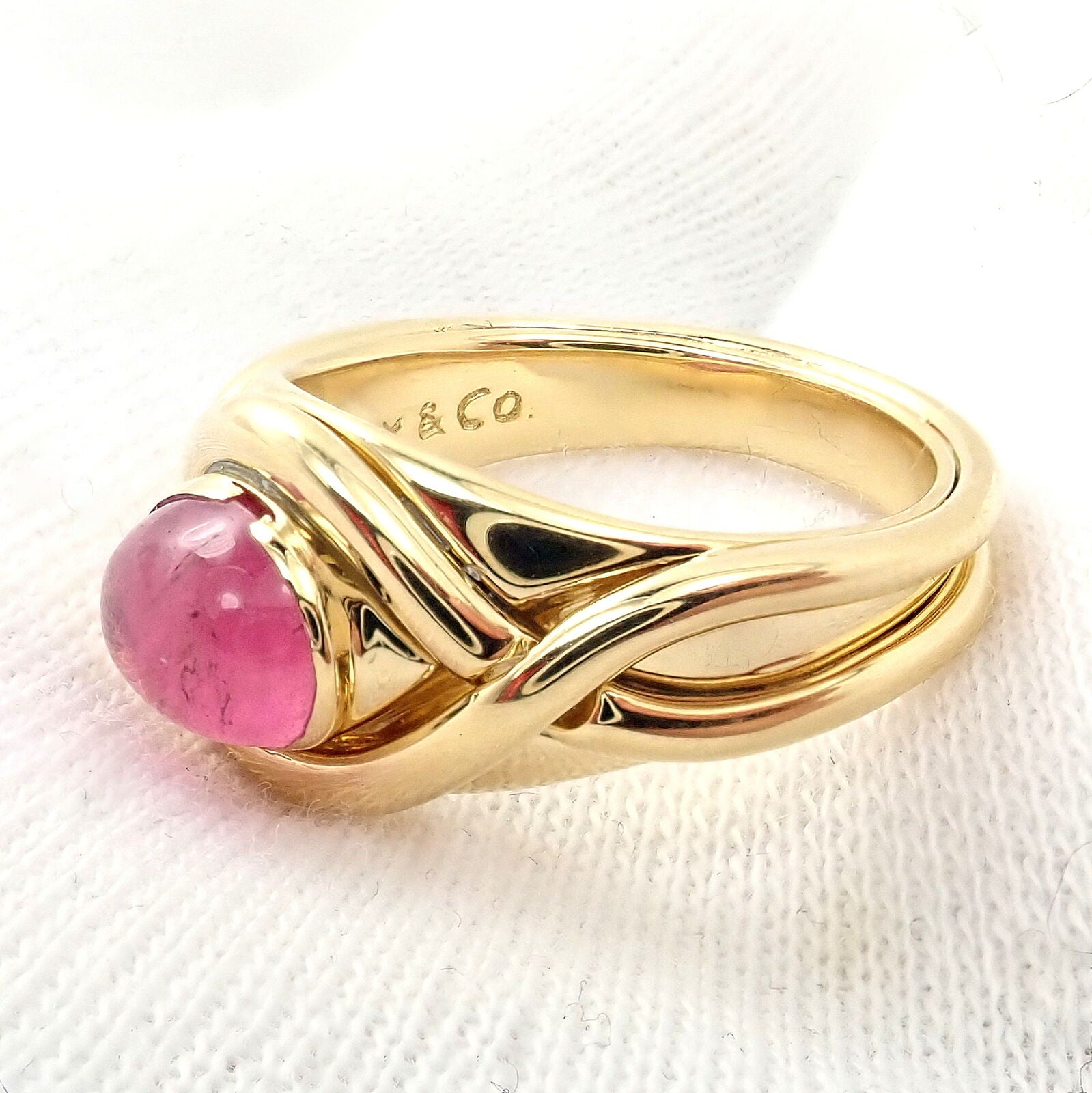 Authentic Tiffany & Co 18K Yellow Gold Pink Tourmaline Cabochon Band Ring - Rare Vintage Jewelry for Women, Perfect Gift for Anniversary, Engagement & Special Occasions