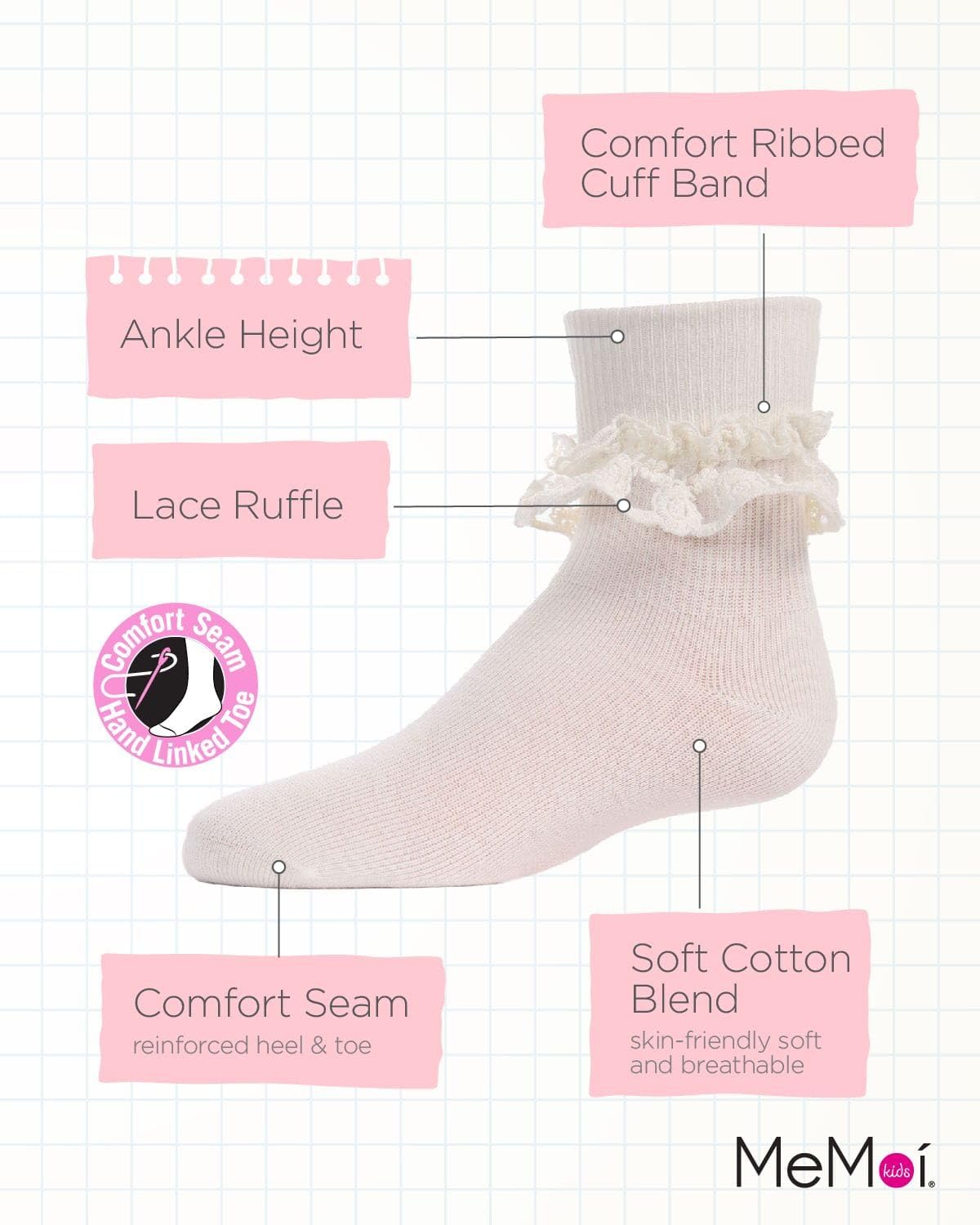 MeMoi Girls' Layered Lace Cotton Blend Anklet Socks - Cute & Comfortable Socks for School, Dance, or Everyday Wear