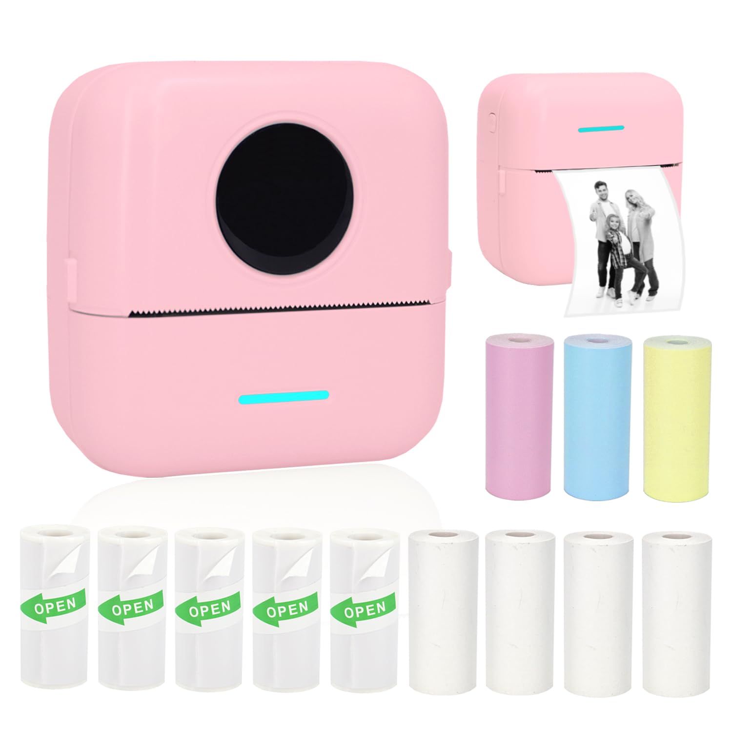 Mini Portable Inkless Sticker Printer - Wireless Thermal Printer for iPhone & Android with 12 Rolls Paper - Print Notes, Photos, Labels & Receipts - Perfect for Home, Office, School & Travel (Pink)
