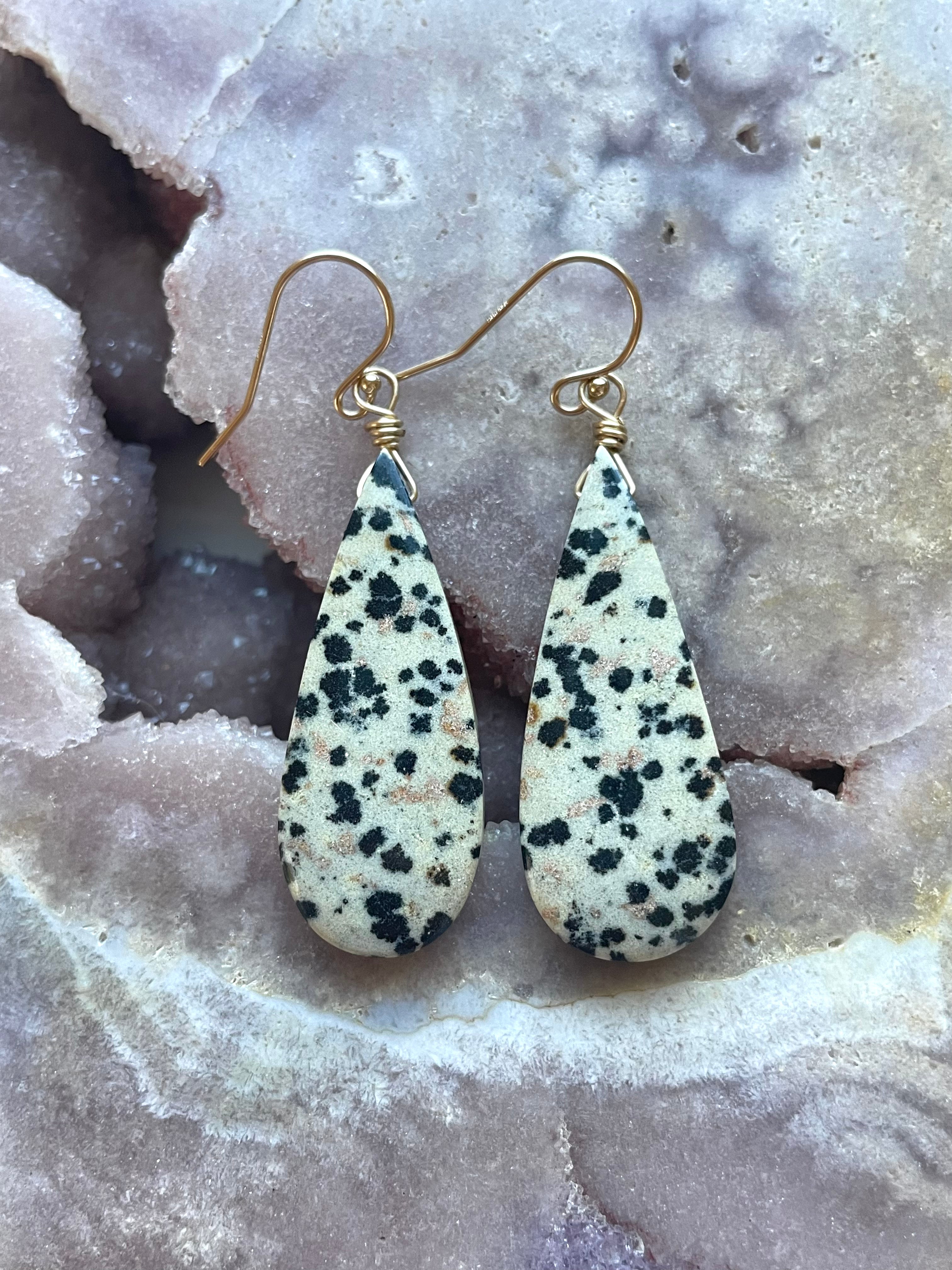 Dalmatian Jasper Dangle Earrings - 14K Gold Filled Bohemian Style Jewelry for Women - Perfect for Everyday Wear, Boho Outfits & Special Occasions