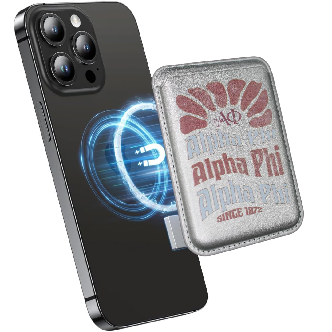Official Alpha Phi Sorority Magnetic Card Holder Wallet for iPhone 15/14/13/12 - Slim & Secure 3-Card Capacity (Silver) - Perfect for Sorority Sisters, Campus Life & Everyday Use