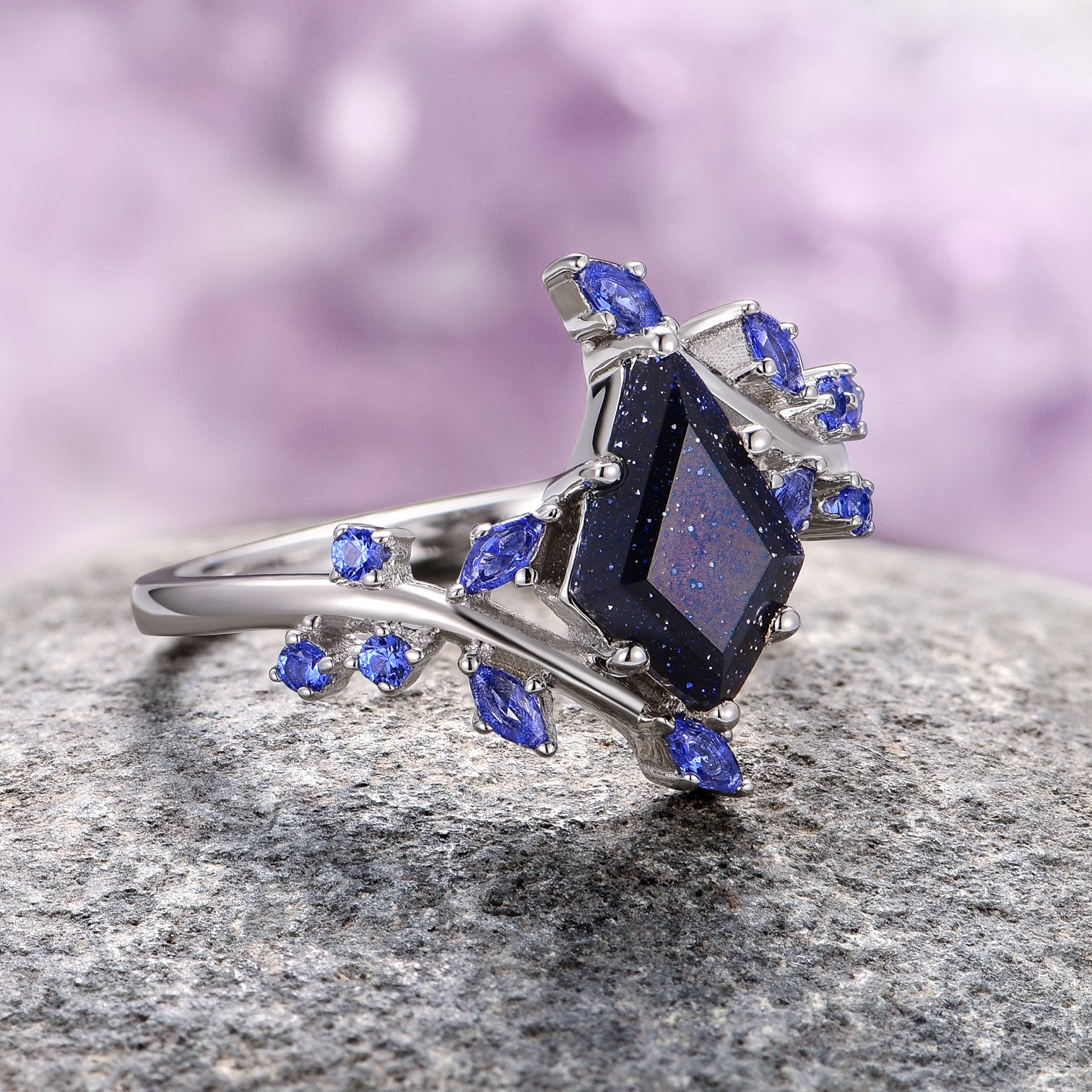 14K White Gold Starry Night and Sapphire Leaf Ring - Elegant Jewelry for Women, Perfect Gift for Anniversary, Birthday & Special Occasions