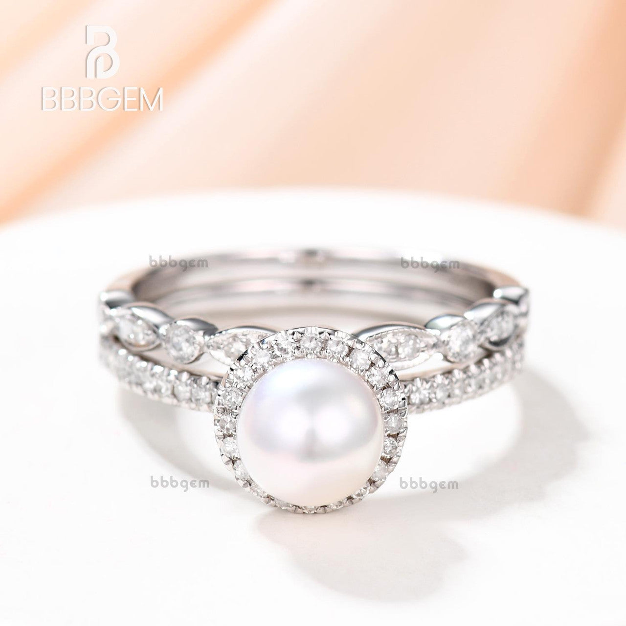 Exquisite Akoya Pearl & Diamond Engagement Ring Set in Rose Gold - Art Deco Vintage Wedding Band for Women, Bridal Jewelry Set, Anniversary Gift, 2-Piece Halo Eternity Ring (Perfect for Proposals, Weddings & Romantic Occasions)