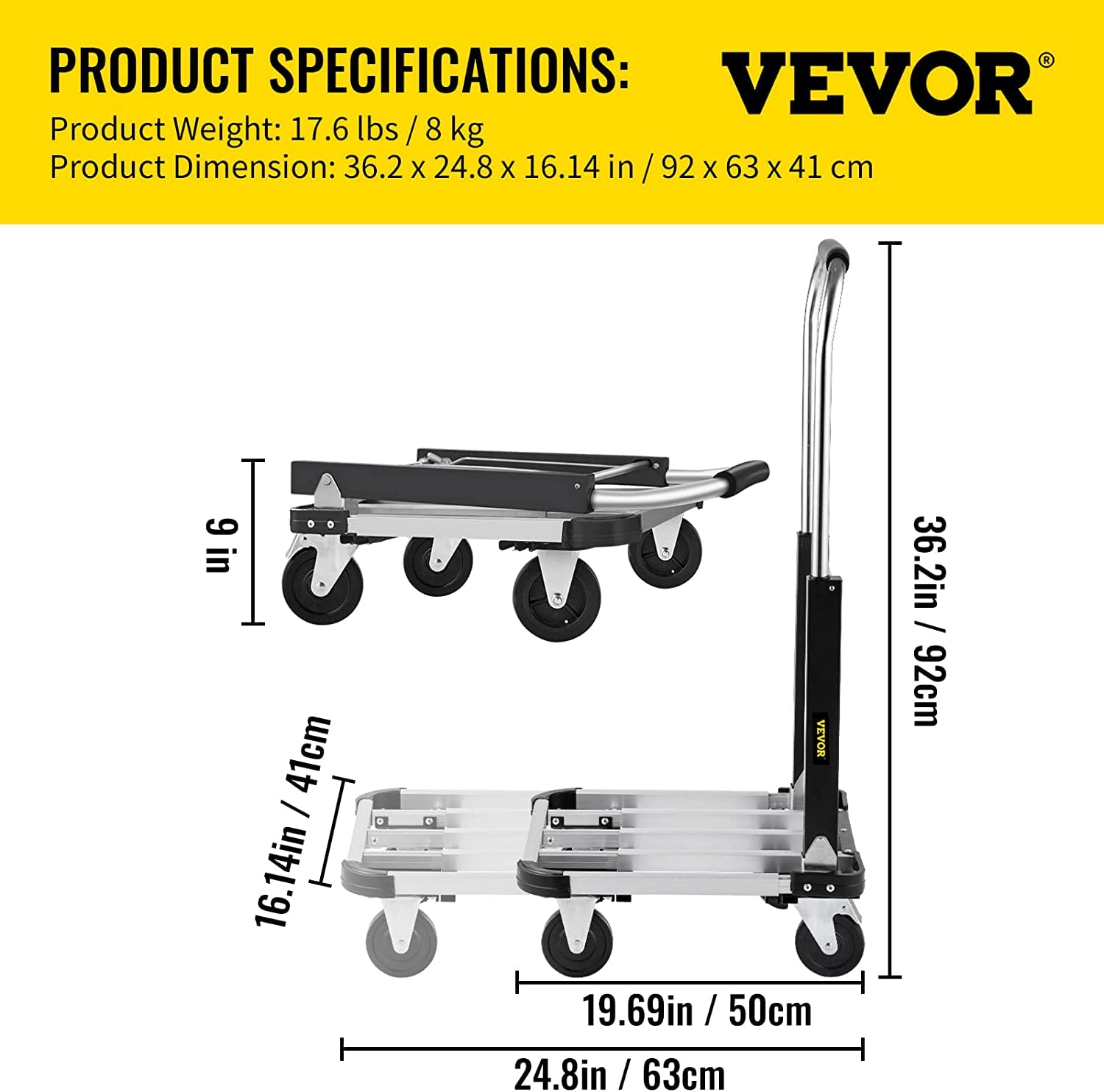 VEVOR Folding Platform Truck - Heavy Duty Aluminum Utility Cart with Telescoping Handle & 4 Wheels, 330LBS Capacity - Portable Adjustable Length Push Cart for Luggage, Travel, Shopping, Warehouse, Office & Home Use